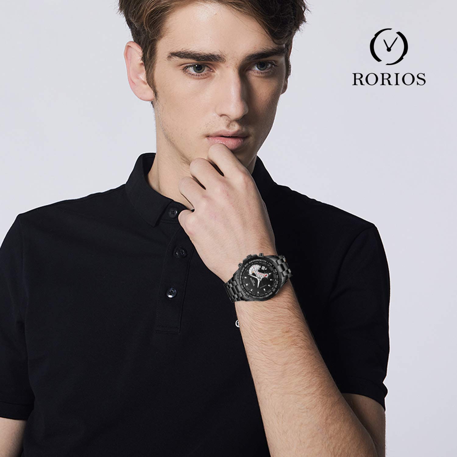 RORIOS Men's Waterproof Analog Quartz Watch with Luminous Hands & Stainless Steel Bracelet - Multi-Function Military Style Wristwatch for Outdoor, Sports & Everyday Wear