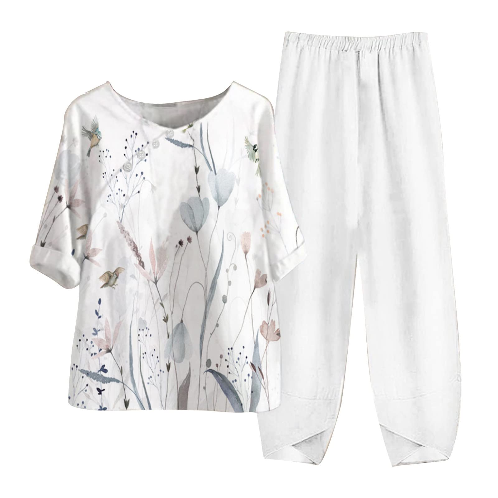 Women's Summer Linen Outfits - 2 Piece Lounge Set with Half Sleeve T-Shirt & Cotton Linen Pants | Plus Size Vacation Wear for Beach, Travel & Relaxation