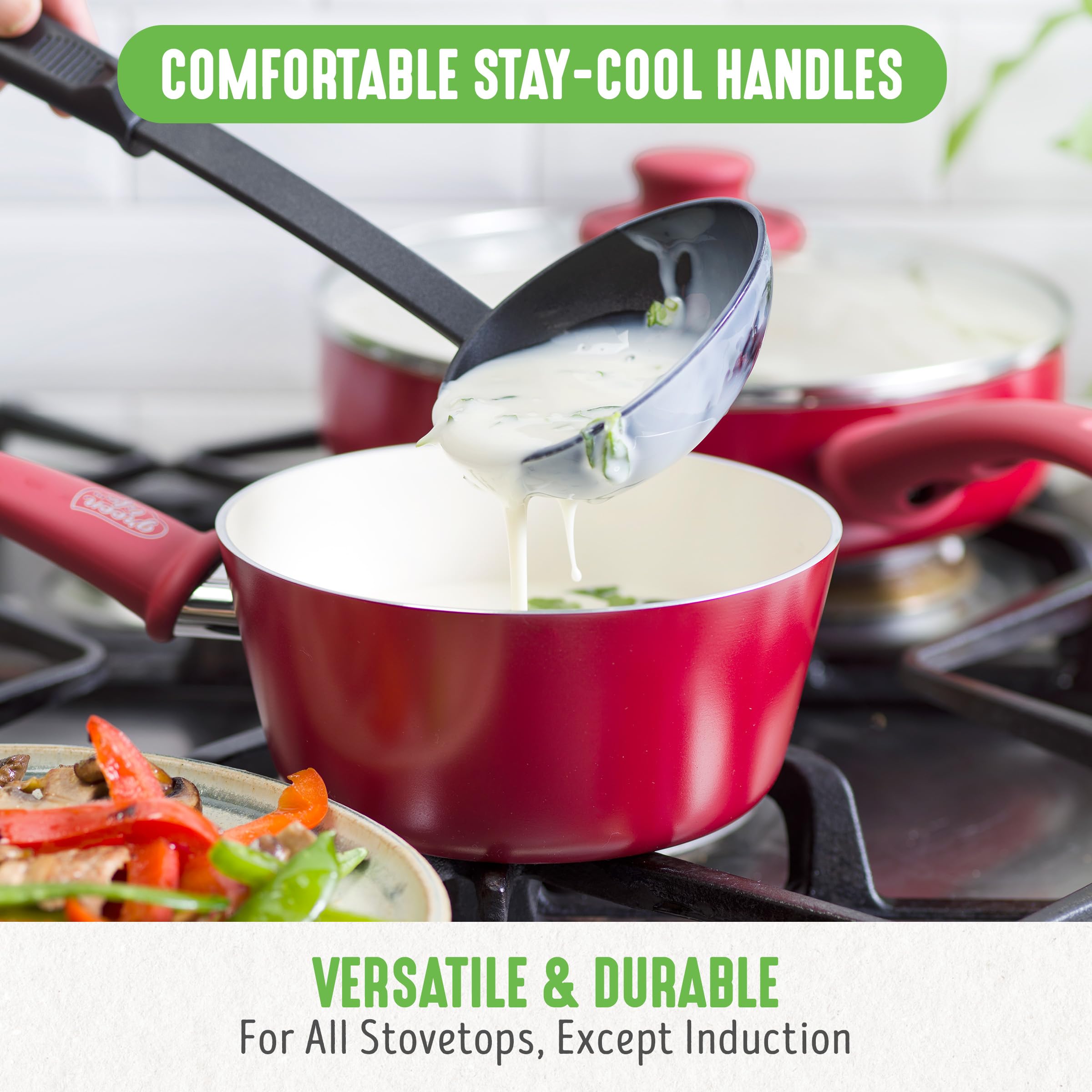 GreenLife Soft Grip 16-Piece Non-Toxic Ceramic Nonstick Cookware Set - PFAS-Free Pots & Pans with Glass Lids, Stay-Cool Handles - Frying, Sauteing, Boiling - Dishwasher & Oven Safe - Perfect for Home Cooking & Family Meals (Red)