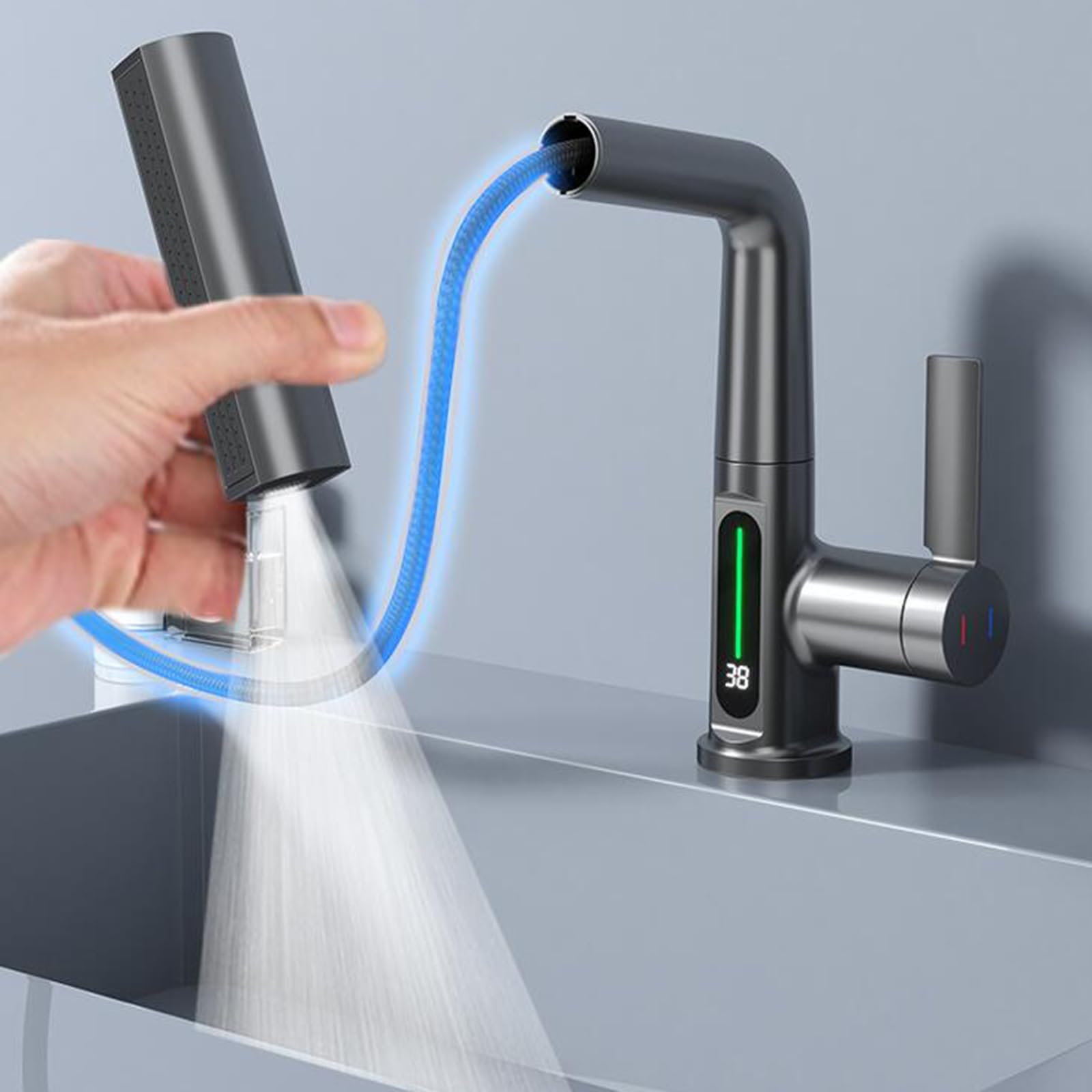 Brass Pull-Out Spray Bathroom Sink Faucet - Grey Mixer Tap with Hot & Cold Water Control - Perfect for Modern Bathrooms & Powder Rooms