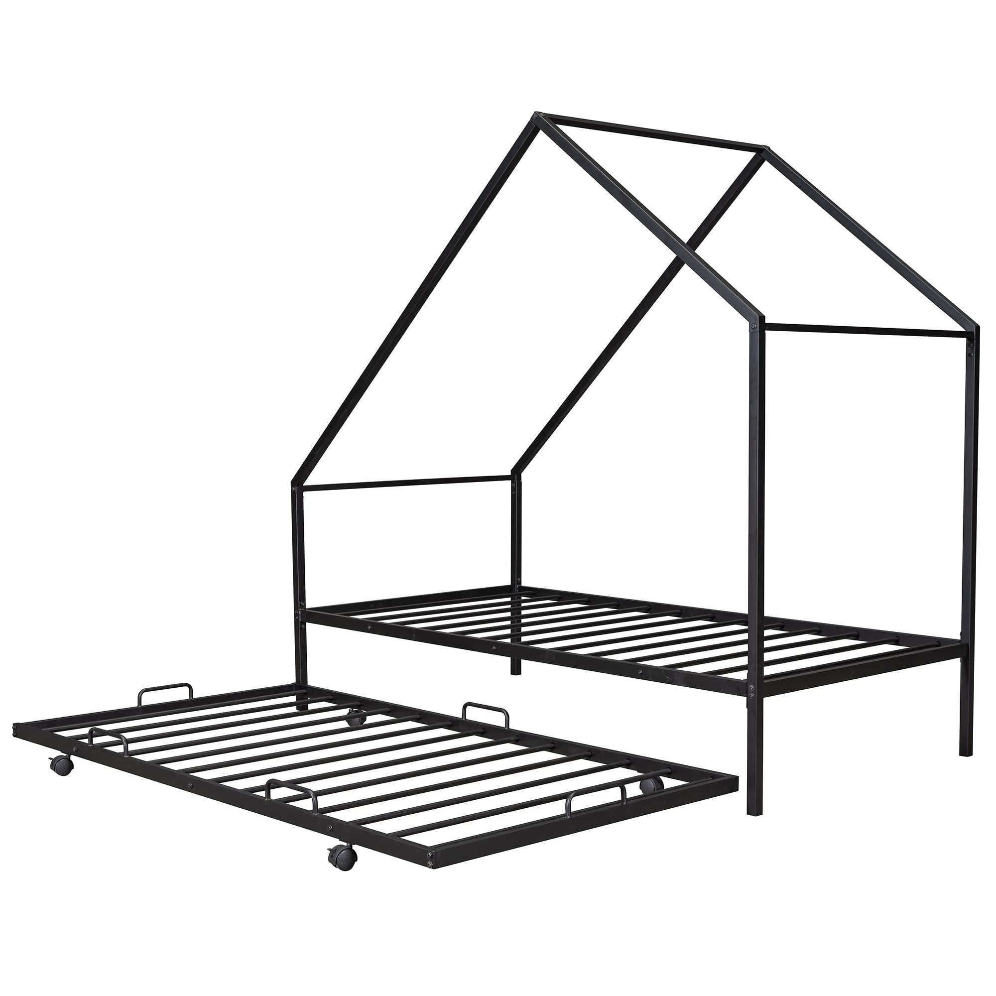 Bellemave Twin Size House Bed with Trundle - Metal Canopy Bed Frame for Kids, Girls & Boys | No Box Spring Needed | Montessori & Teen Bedroom Furniture | Perfect for Small Spaces, Sleepovers & Playrooms