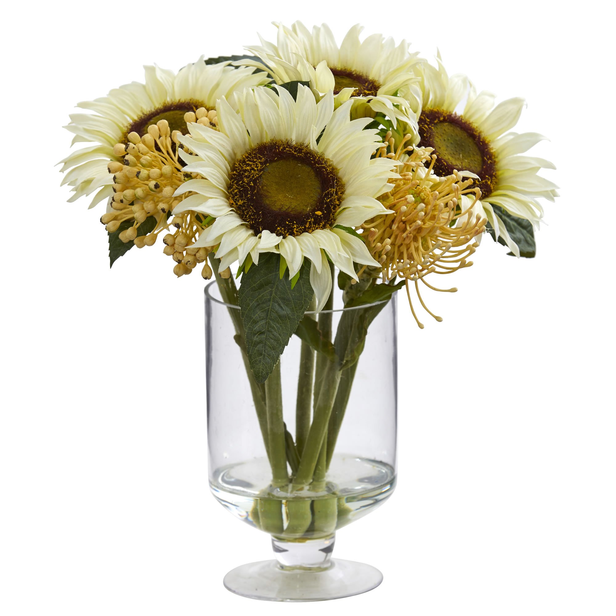 Nearly Natural 12 Inch Artificial Sunflower and Sedum Floral Arrangement in Vase - Perfect for Home Decor, Office, and Wedding Centerpieces