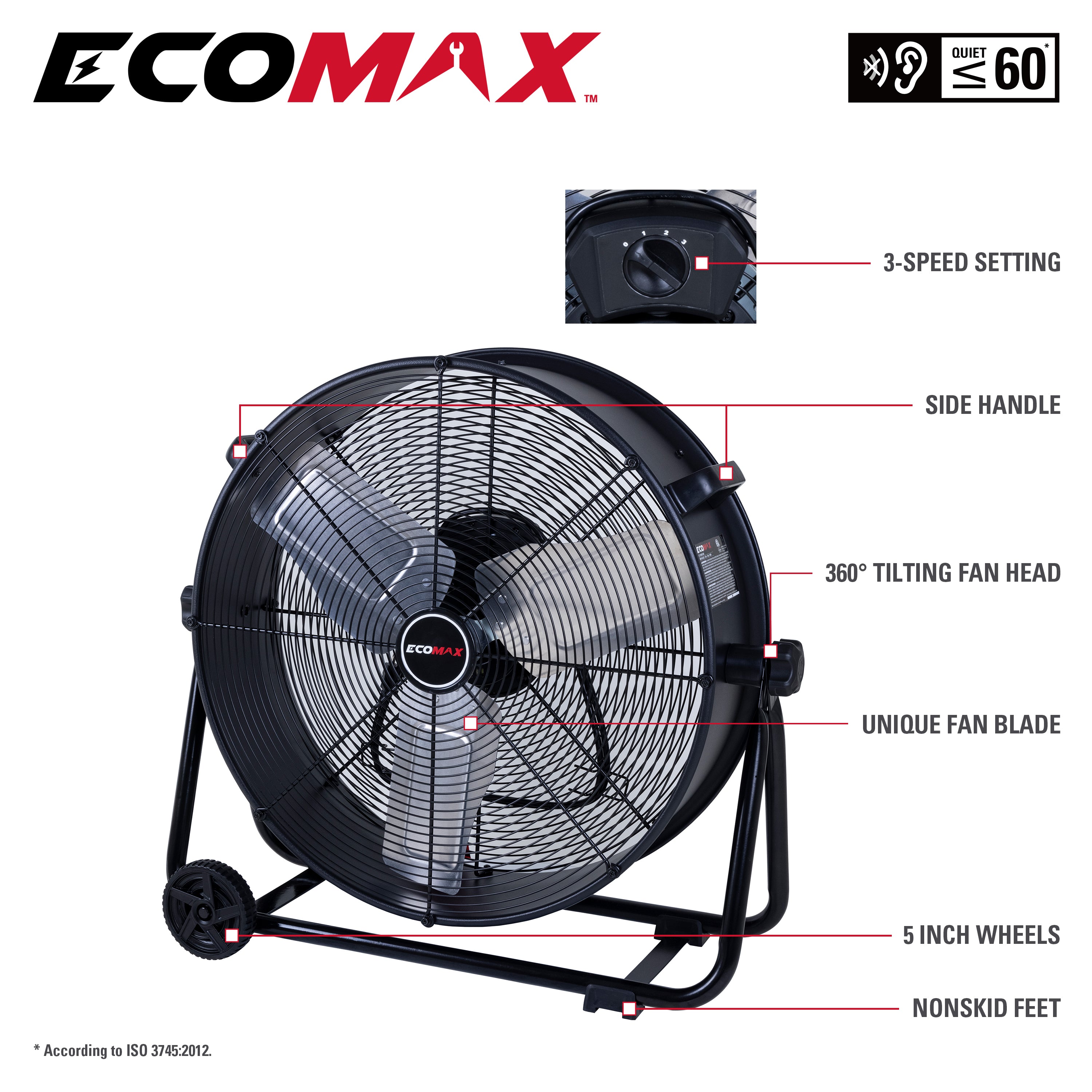 Ecomax 24 Inch High Velocity Drum Fan - Powerful Industrial Air Circulation for Warehouses, Garages, Workshops & Outdoor Events
