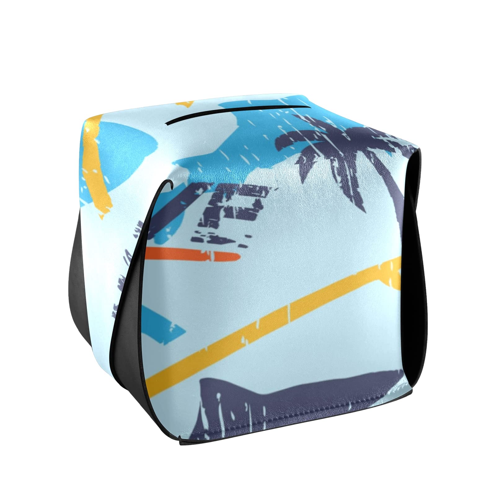 Premium Leather Tissue Box Cover with Handle - Seamless Bright Surfboards, Shark & Palm Trees Design - 5.7x5.7x5.7 Inches - Perfect for Bathroom, Home Nightstand, Vanity Countertop, Office Desk & Car Decor