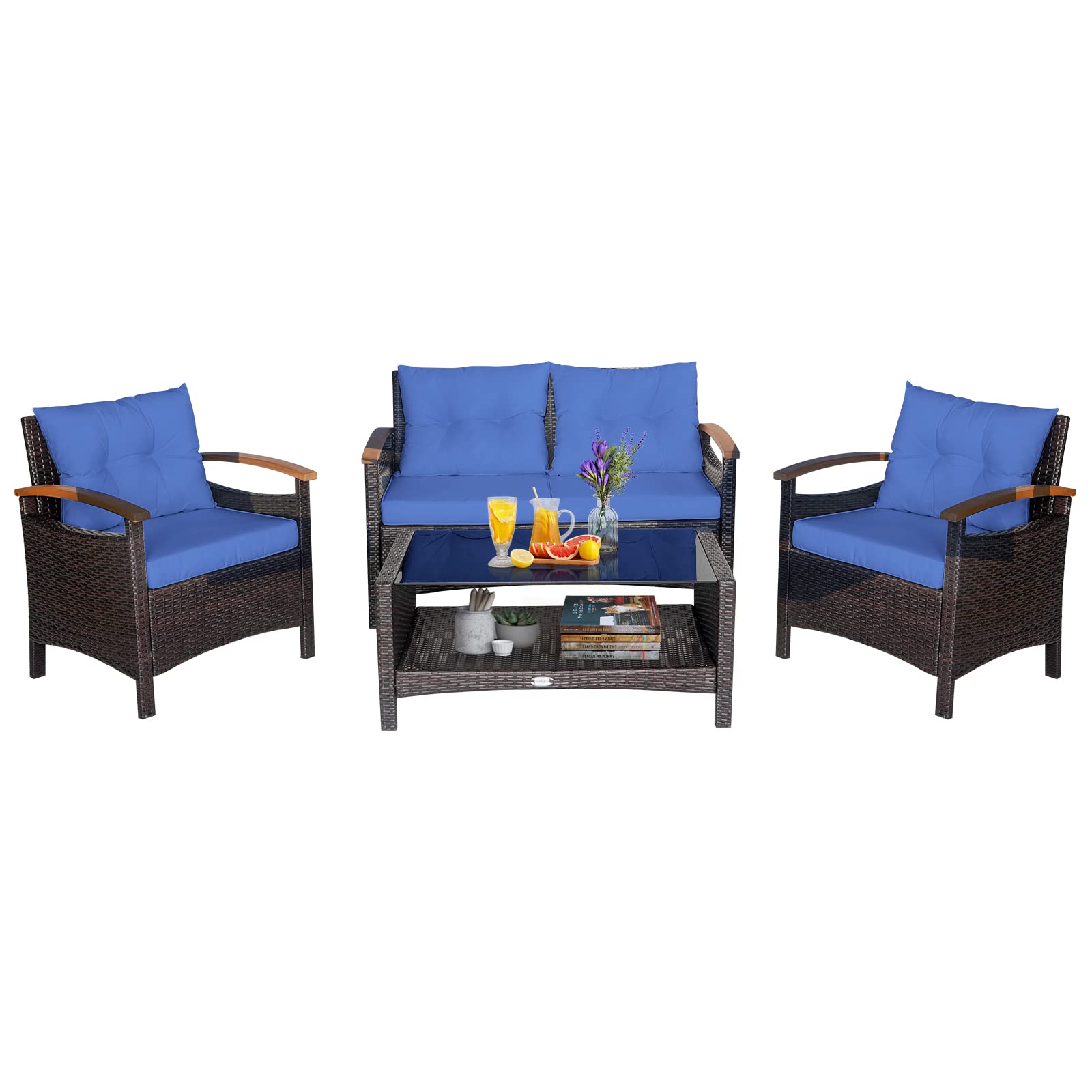 Happygrill 4-Piece Outdoor Patio Furniture Set - Rattan Sectional Sofa with Soft Cushions & Coffee Table, Acacia Wood Armrests Wicker Conversation Set for Garden, Backyard, Poolside Relaxation & Entertaining
