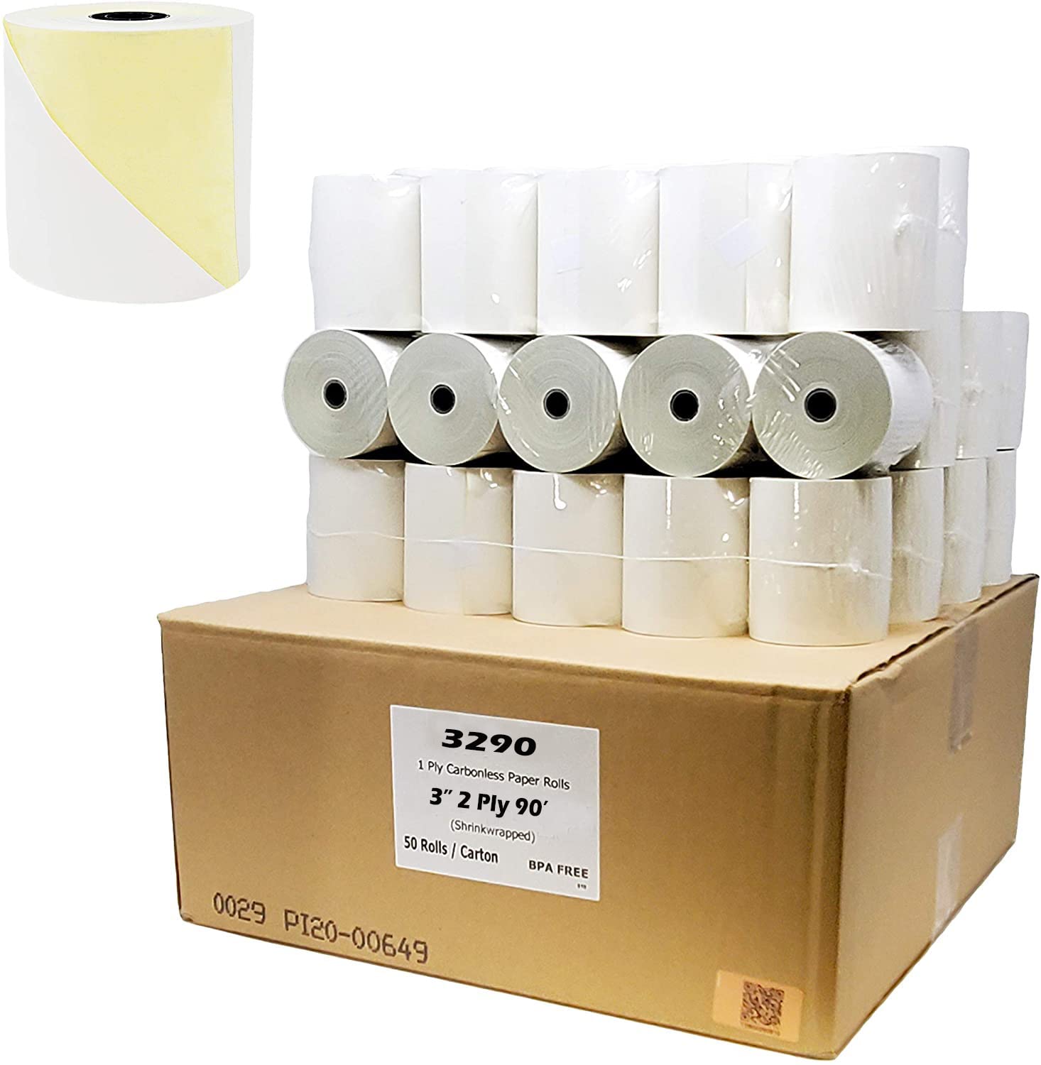 50 Rolls Solid Tube Kitchen Printer Paper - 2-Ply Carbonless Register Rolls 3