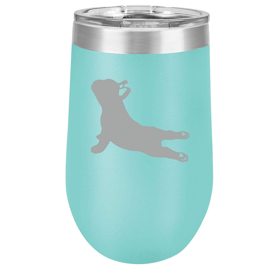 16 oz Double Wall Vacuum Insulated Stainless Steel Wine Tumbler - Stemless Coffee Travel Mug with Lid & Leakproof Design - Cute French Bulldog Yoga Print (Teal) - Perfect for Hot/Cold Drinks, Office, Gym, Camping & Outdoor Activities