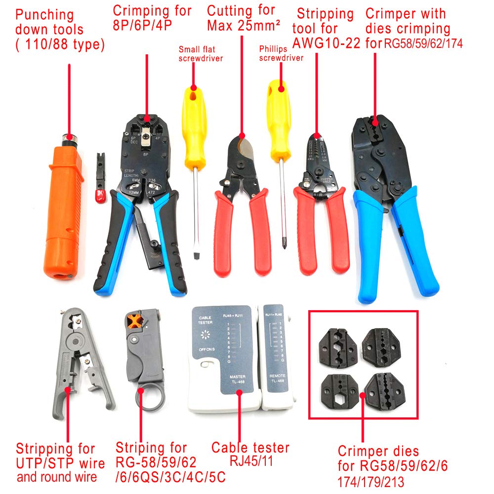 10-Piece Network Tools Set with Hand Crimp Tool - HT-K4015 Multi-Purpose Networking Kit for Cable Installation, Repair & Maintenance