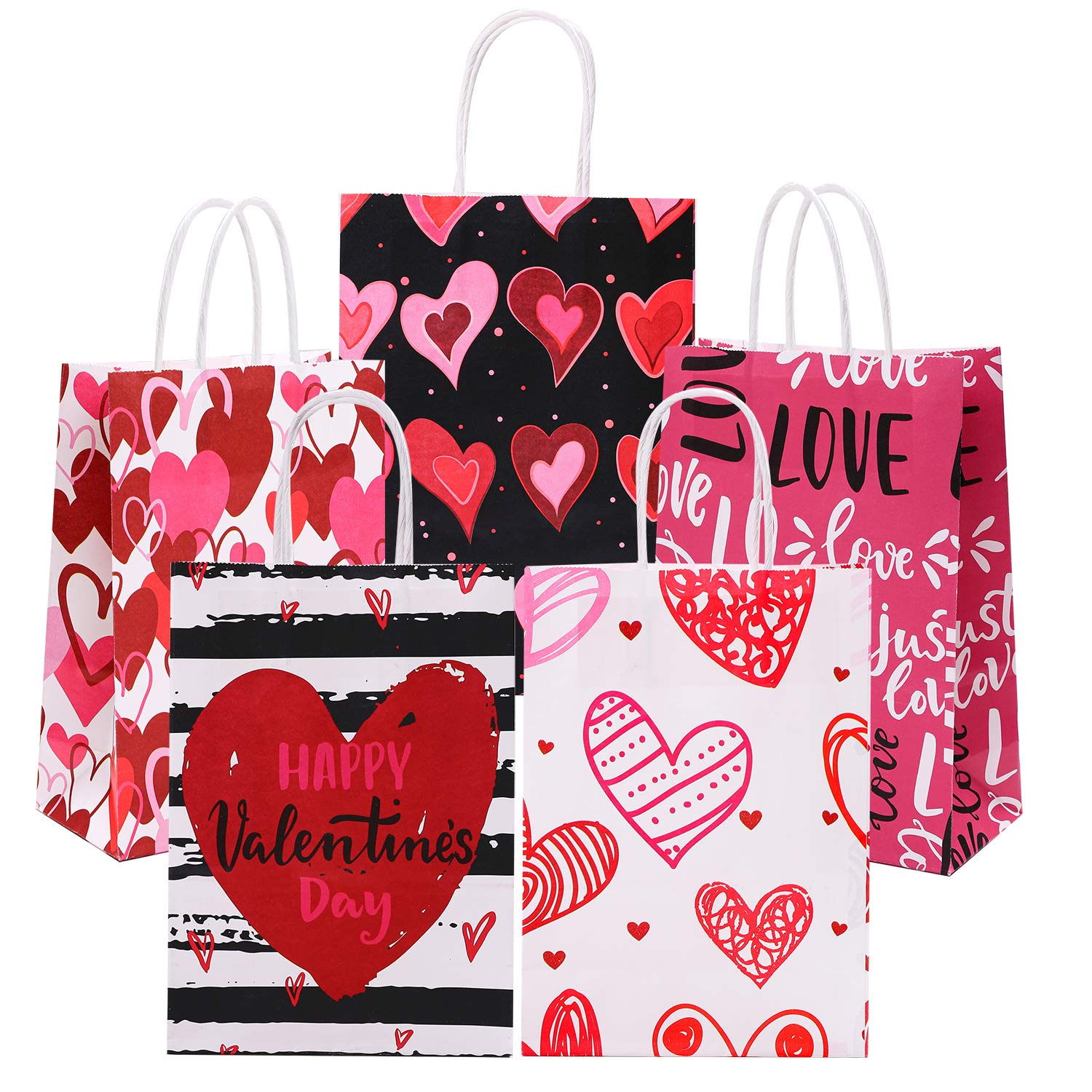 20-Piece Valentine's Day Kraft Paper Gift Bags with Handles - Red & Pink Heart Design for Party Favors, Classroom Treats & Romantic Gift Packaging