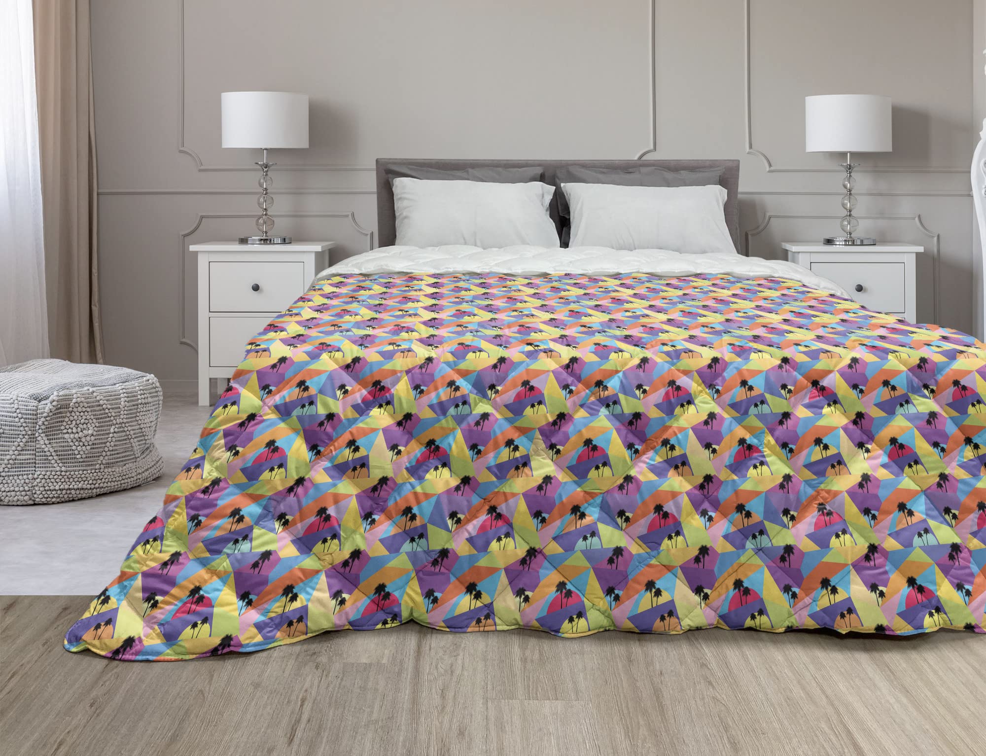 Ambesonne Hawaiian Down Alternative Comforter - Abstract Palm Tree Silhouettes on Colorful Geometric Art - All Season Microfiber Quilt - Twin XL Size - Black & Multicolor - Perfect for Beach House, Tropical Bedroom & Boho Chic Decor