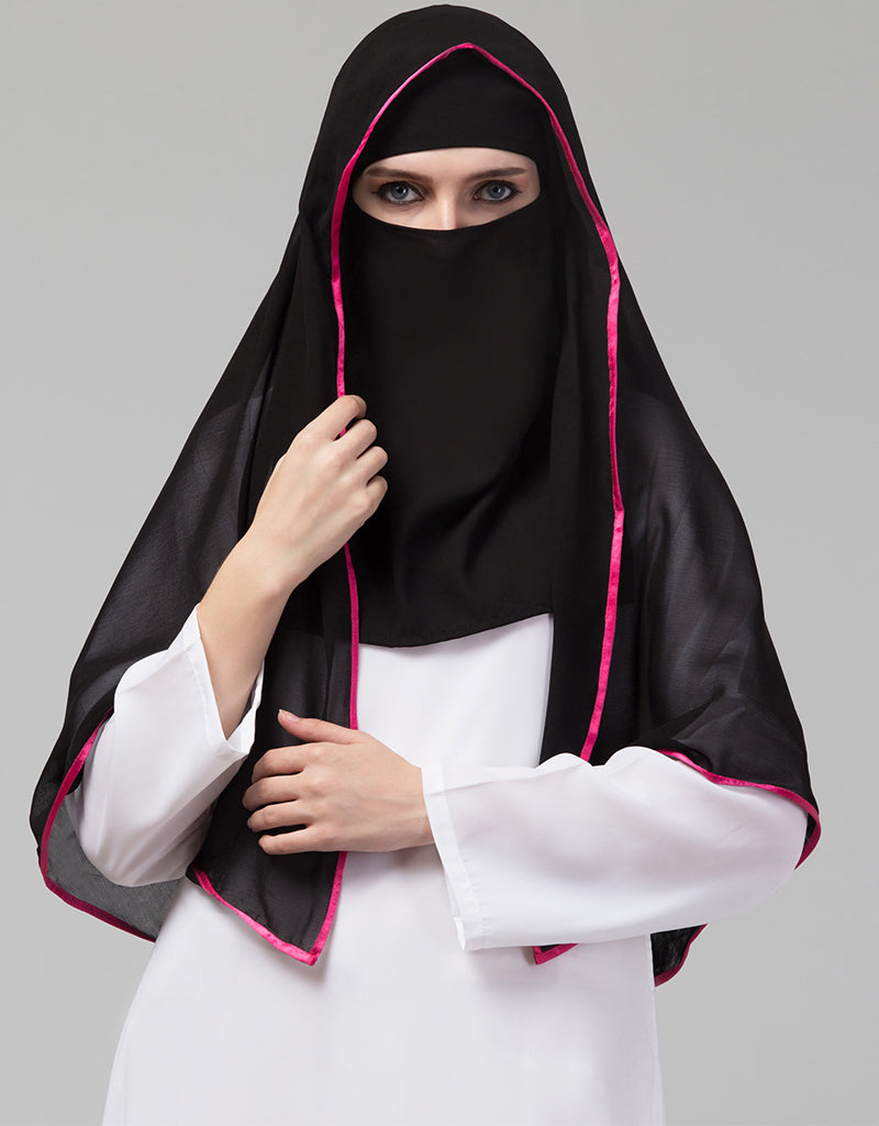 Black and Pink Polyester Georgette Hijab Scarf - Lightweight Muslim Head Cover for Women - Perfect for Daily Wear, Prayer, and Special Occasions