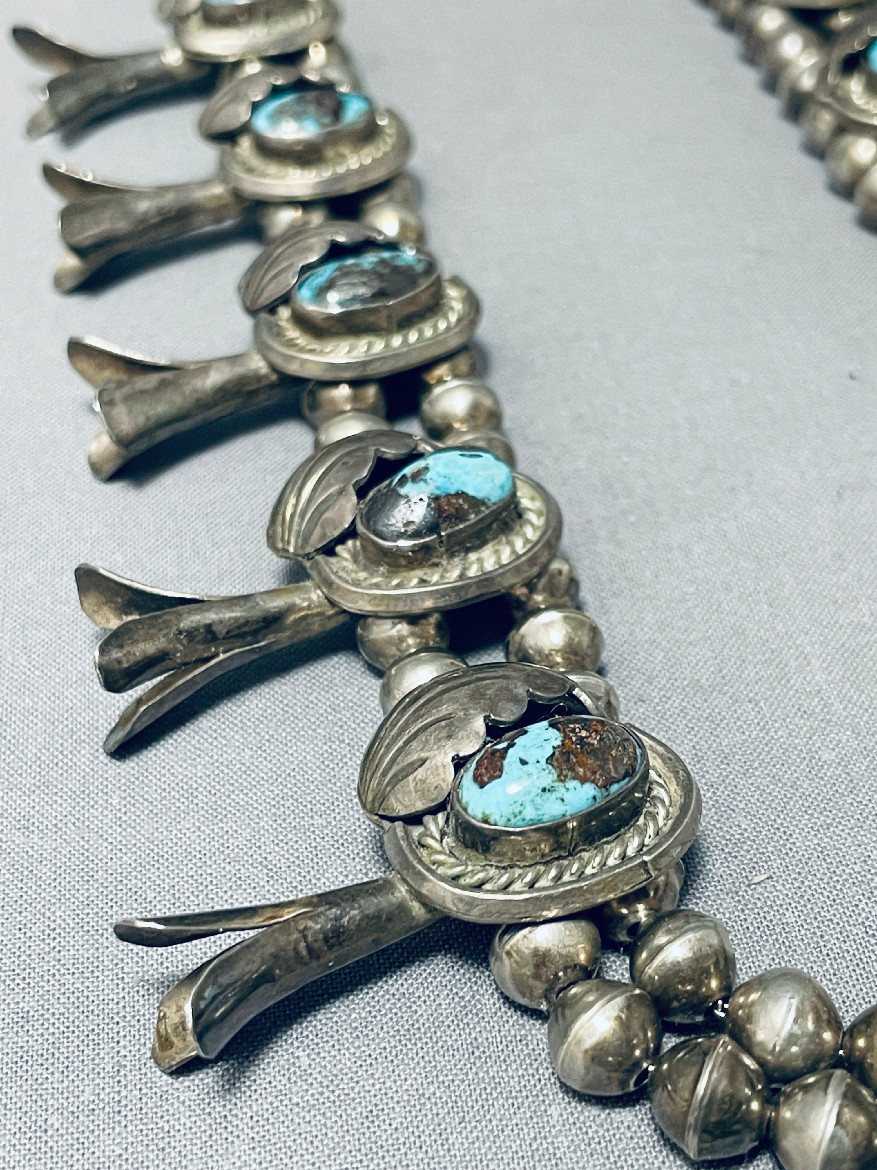Authentic 100% Bisbee Turquoise Vintage Native American Navajo Sterling Silver Squash Blossom Necklace | Handcrafted Jewelry for Women | Perfect for Boho Fashion, Weddings & Special Occasions