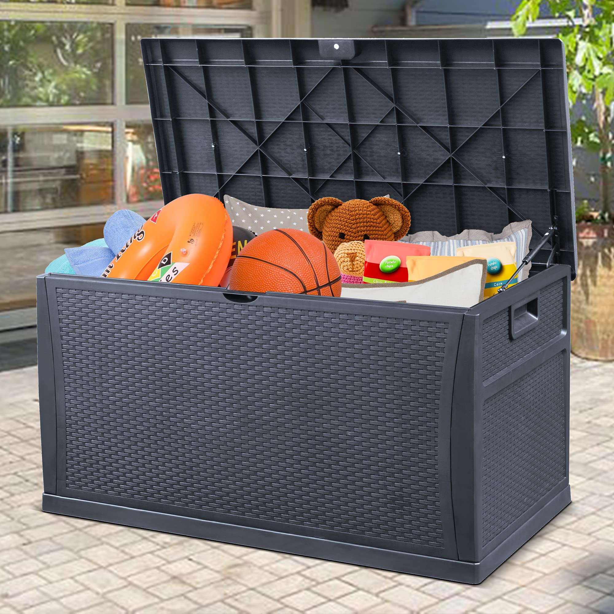 120 Gallon Large Resin Deck Box - Waterproof Outdoor Storage Container with Lockable Lid | Patio Furniture, Garden Tools & Pool Toys Organizer | Multi-Functional Seat for Indoor/Outdoor Use | Perfect for Backyard, Deck & Poolside Storage (Gray)