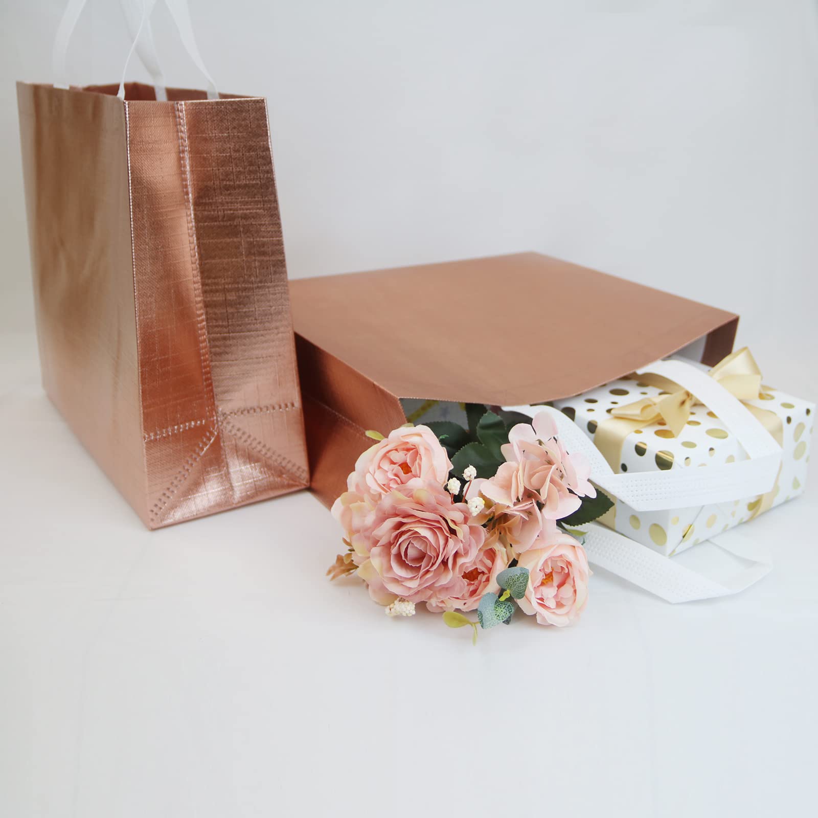 HUANN Rose Gold Bachelorette Party Gift Bags - Large Glossy Reusable Non-Woven Tote Bags for Bridal Shower, Wedding Favors & Girls Night Out