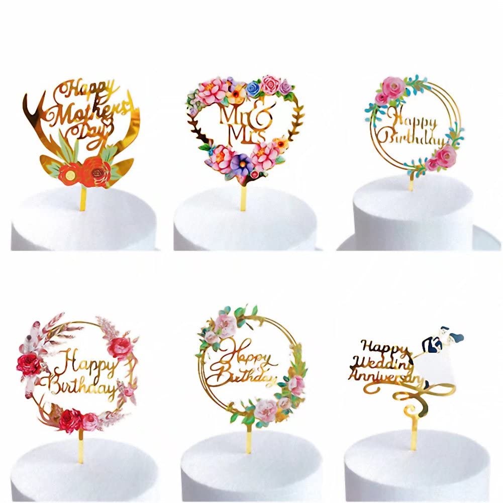 5 Pack Happy Birthday Cake Toppers - Glitter Acrylic Flower Cake Decorations for Birthday Parties, Anniversaries, Baby Showers & Wedding Cakes - Perfect for Dessert Table Decor, Cupcake Toppers & Pastry Display