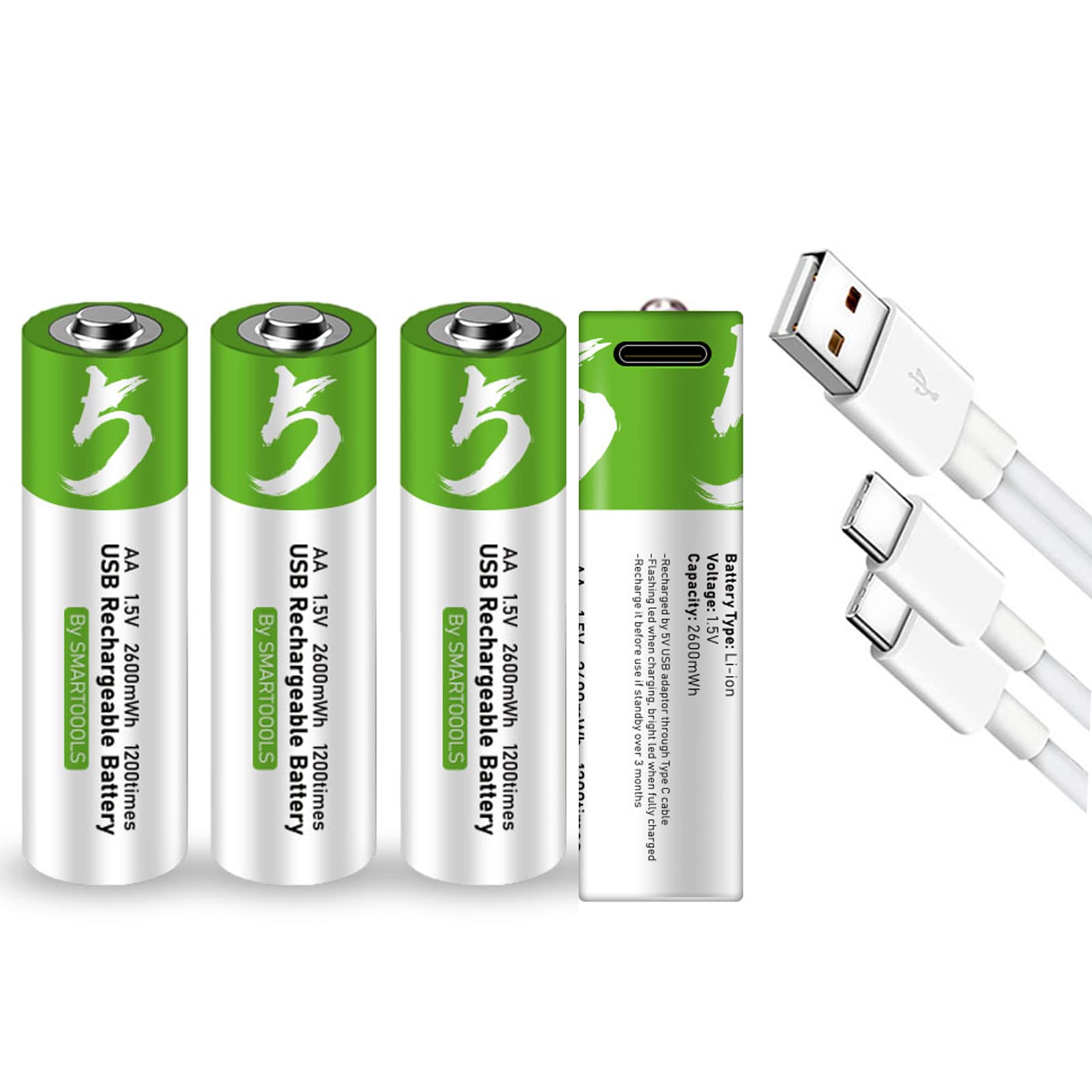 4 Pack Rechargeable AA Lithium Batteries 2600mWh with USB-C Charger - Long Lasting 1.5V Double A Batteries for Cameras, Flashlights, Toys & Electronics - Includes 4-in-1 Type C Charging Cable