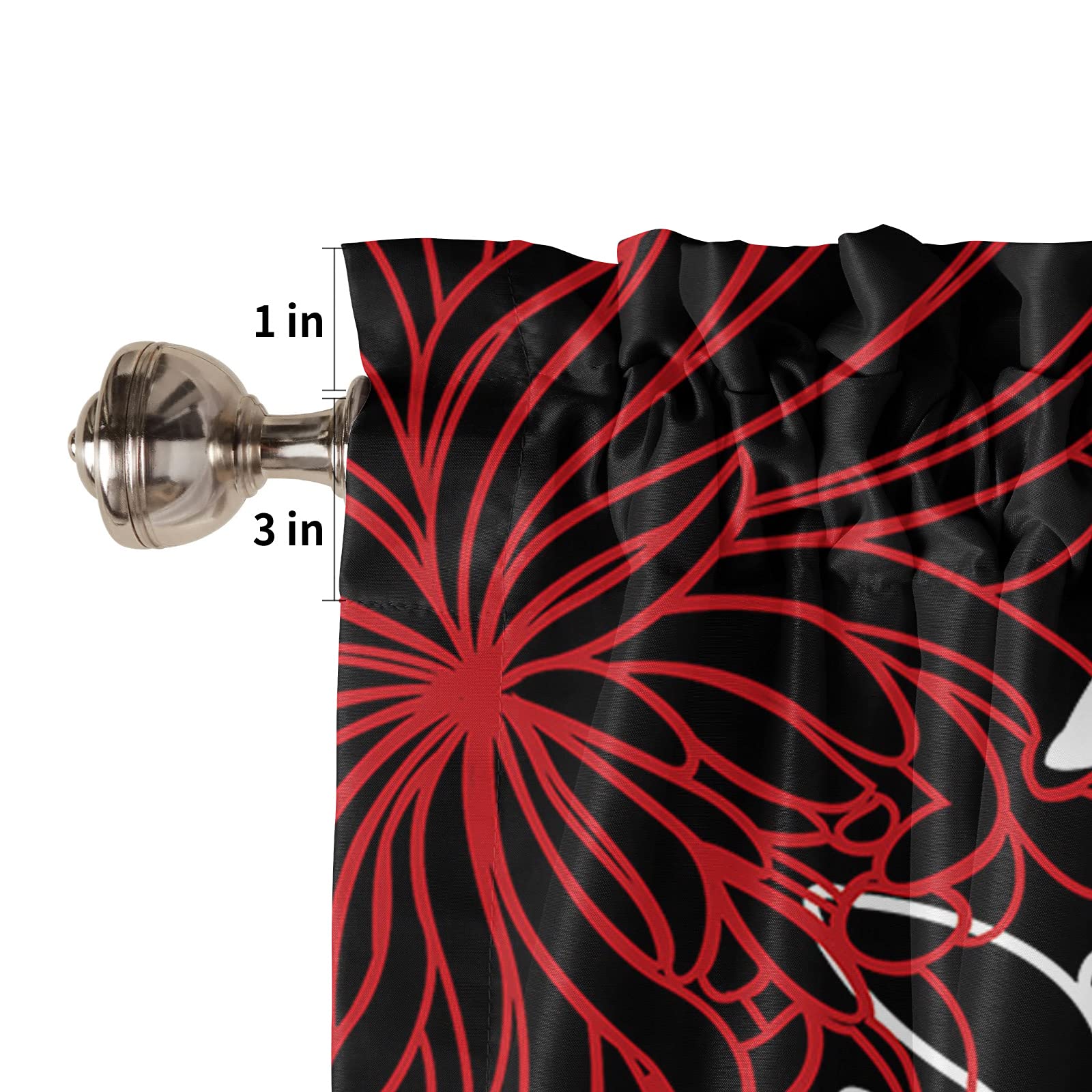 Floral 1 Panel Kitchen Curtain Valance with Rod Pocket - 54x18 Inch Insulated Blackout Window Drape for Bathroom or Small Windows (Chrysanthemum Flower Red/Black/White) - Perfect for Privacy, Light Control & Home Decor