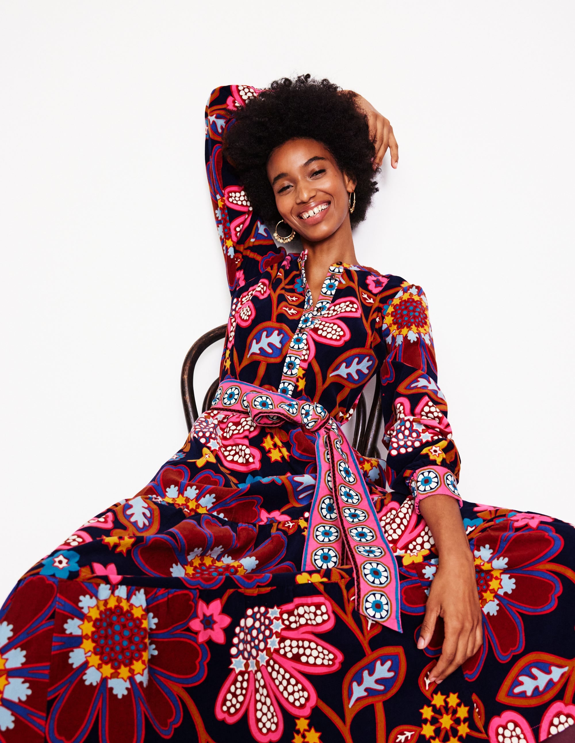 Alba Cord Maxi Dress in French Navy & Cosmic Meadow - Boho Chic Long Sleeve Flowy Dress for Women | Perfect for Beach Vacations, Date Nights & Summer Weddings
