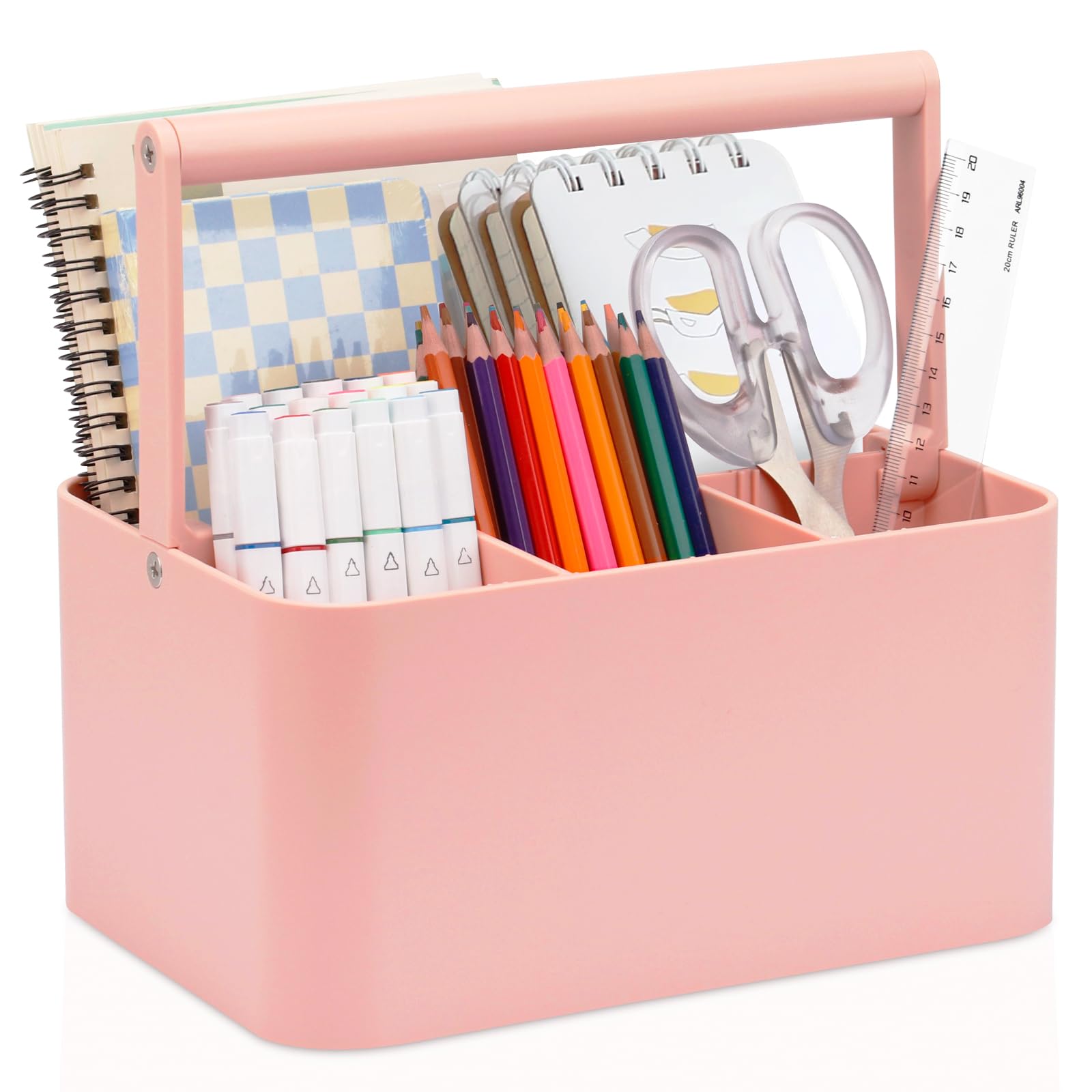 Multipurpose Caddy Organizer with Handle & Adjustable Divider - Portable Storage for Art Supplies, Crafts, Office, Bathroom & Makeup | Ideal for Dorm, Classroom, Cleaning & Shower Organization (Pink)