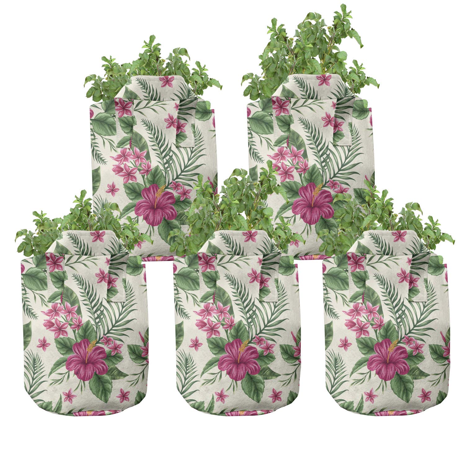 Ambesonne 5-Pack 5 Gallon Heavy Duty Fabric Grow Bags with Handles - Watercolor Plumeria Hibiscus Design in Magenta Cream Green - Perfect for Indoor/Outdoor Plants, Gardening, and Home Decor
