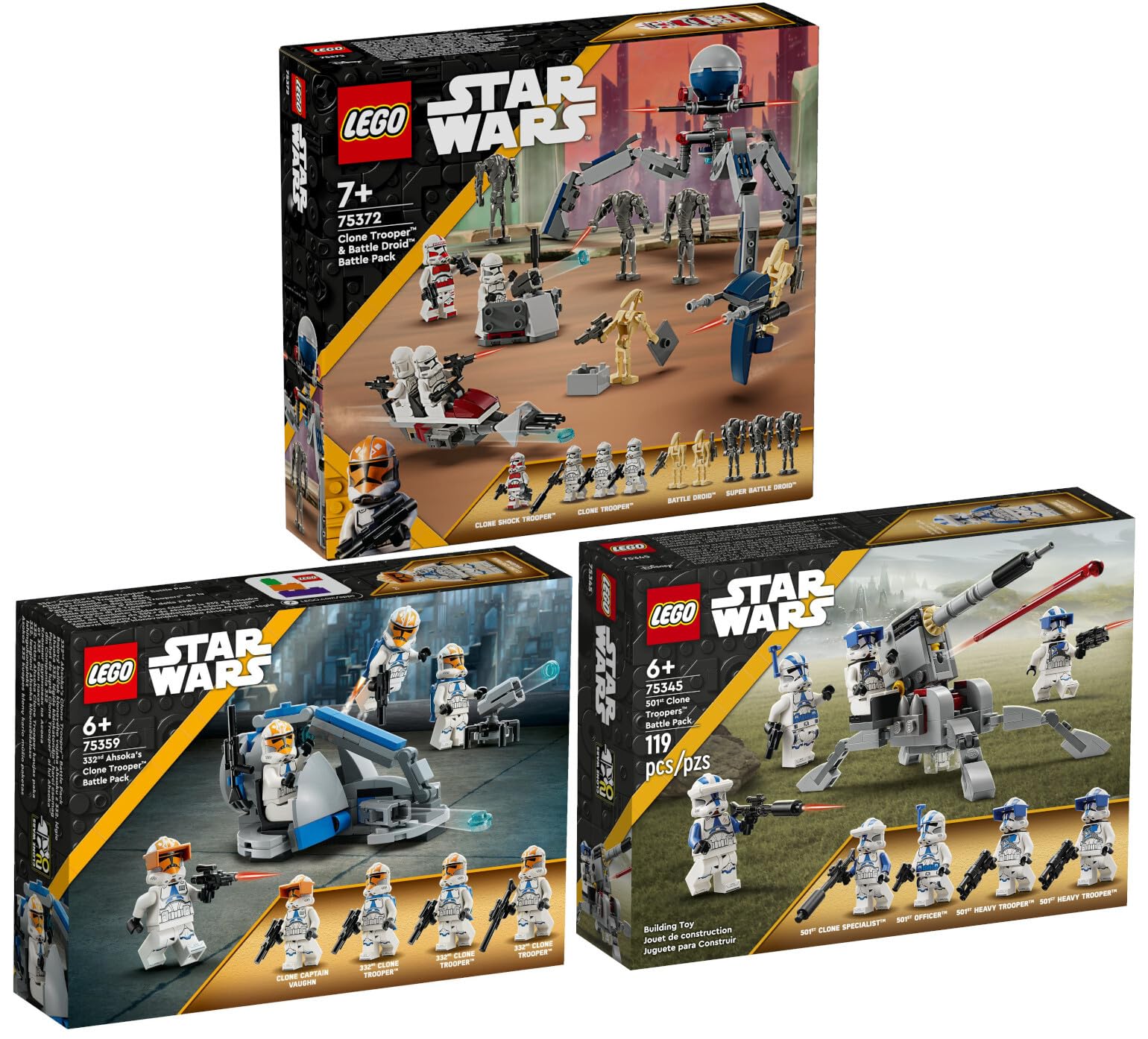 Lego Star Wars 75372 Clone Trooper & Battle Droid Battle Pack, 75359 Clone Trooper 332nd Company Battle Pack & 75345 501st Clone Troopers Battle Pack | Star Wars Building Sets for Kids & Collectors | Perfect for Play, Display & Gifting