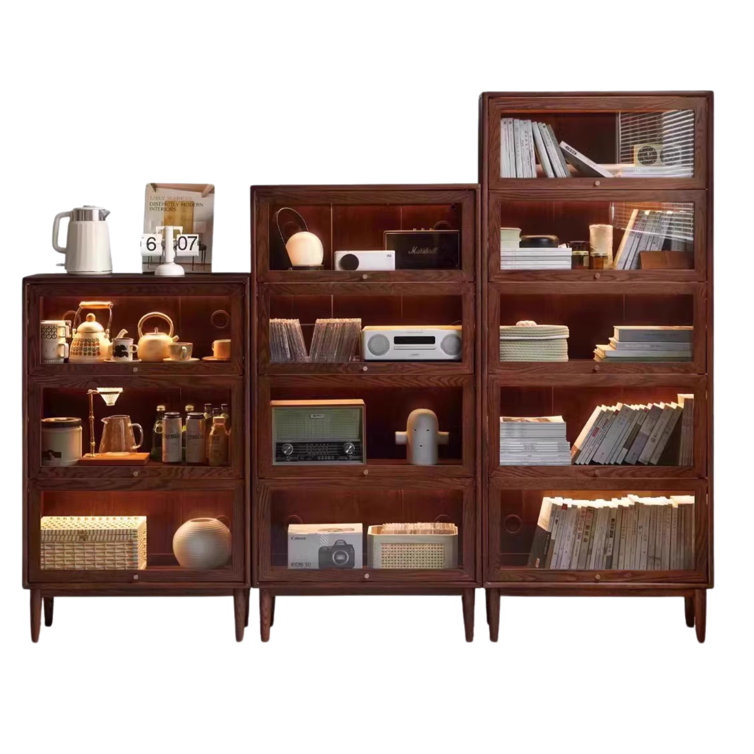 Solid Black Walnut & Oak Wood Glass Flip Door Bookcase - Modern Side Cabinet for Living Room, Office & Bedroom Storage