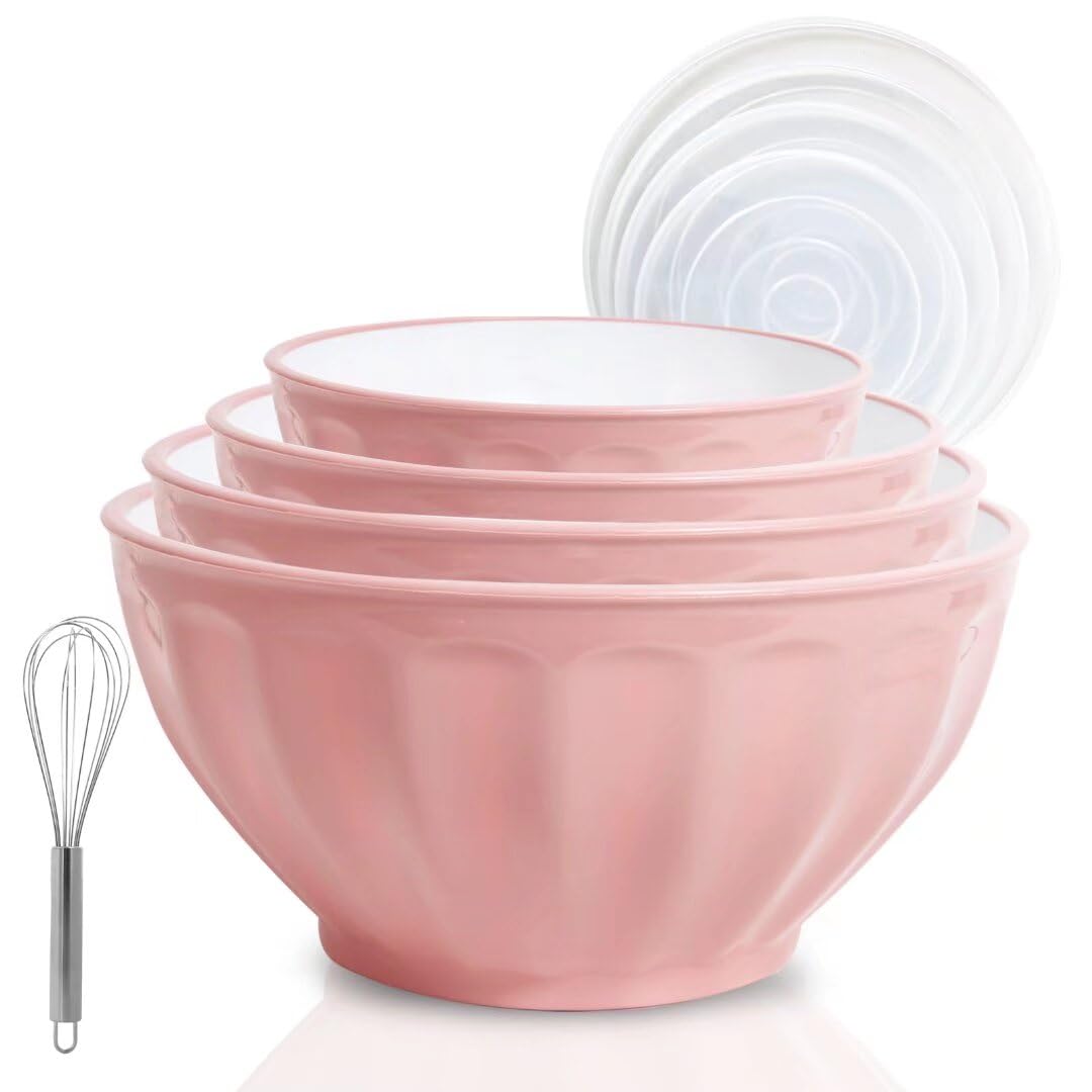 4-Piece Plastic Mixing Bowls Set with Lids - Large Nesting Microwave Safe Bowls & Egg Whisk for Baking, Cooking, Meal Prep - Perfect for Kitchen, Home Baking & Food Storage (Pink)
