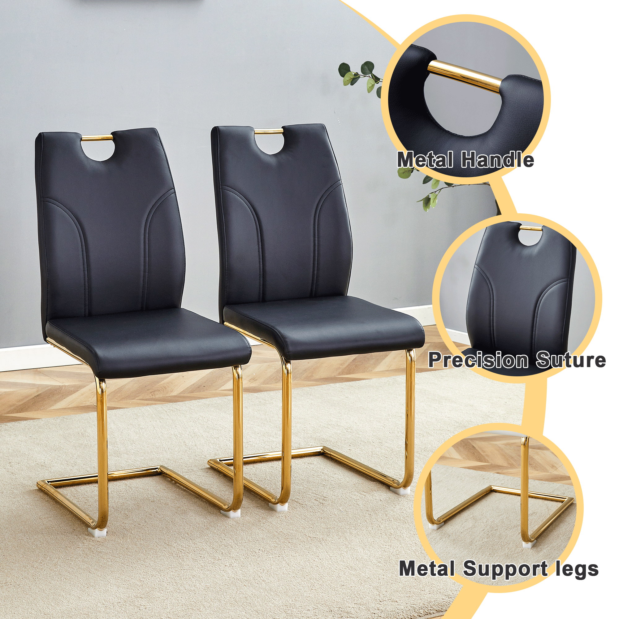 Modern Black PU Dining Chairs Set of 4 - Waterproof Faux Leather Upholstery with Gold Metal Legs - Stylish for Kitchen, Restaurant, Office & Conference Room - Elegant Seating Solution for Home & Commercial Use