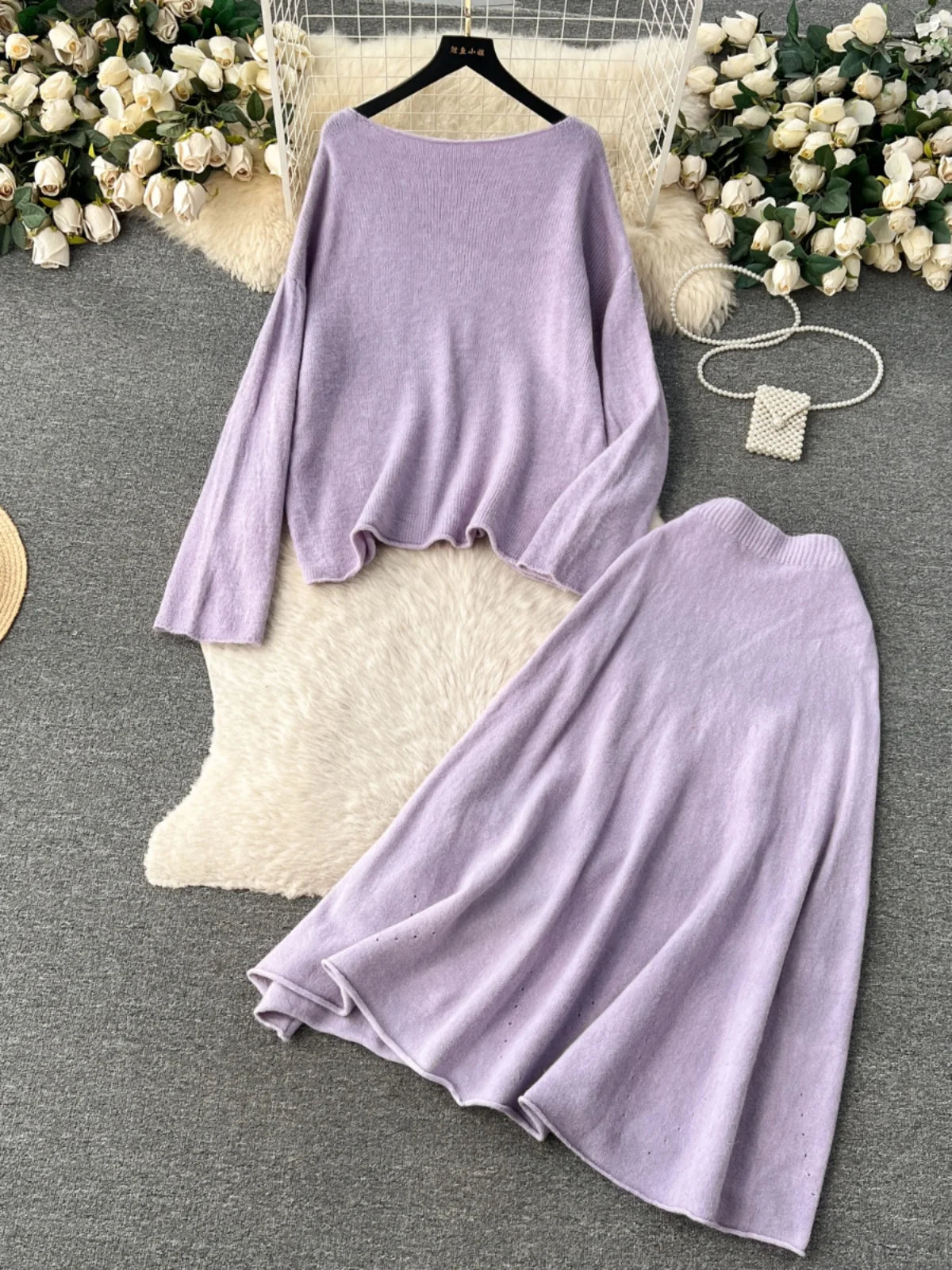 Women's Autumn Winter Knit Two Piece Set - Long Sleeve Pullover Top & High Waist Midi Skirt in White & Purple | Office Wear, Casual Outfits, Holiday Party Outfits
