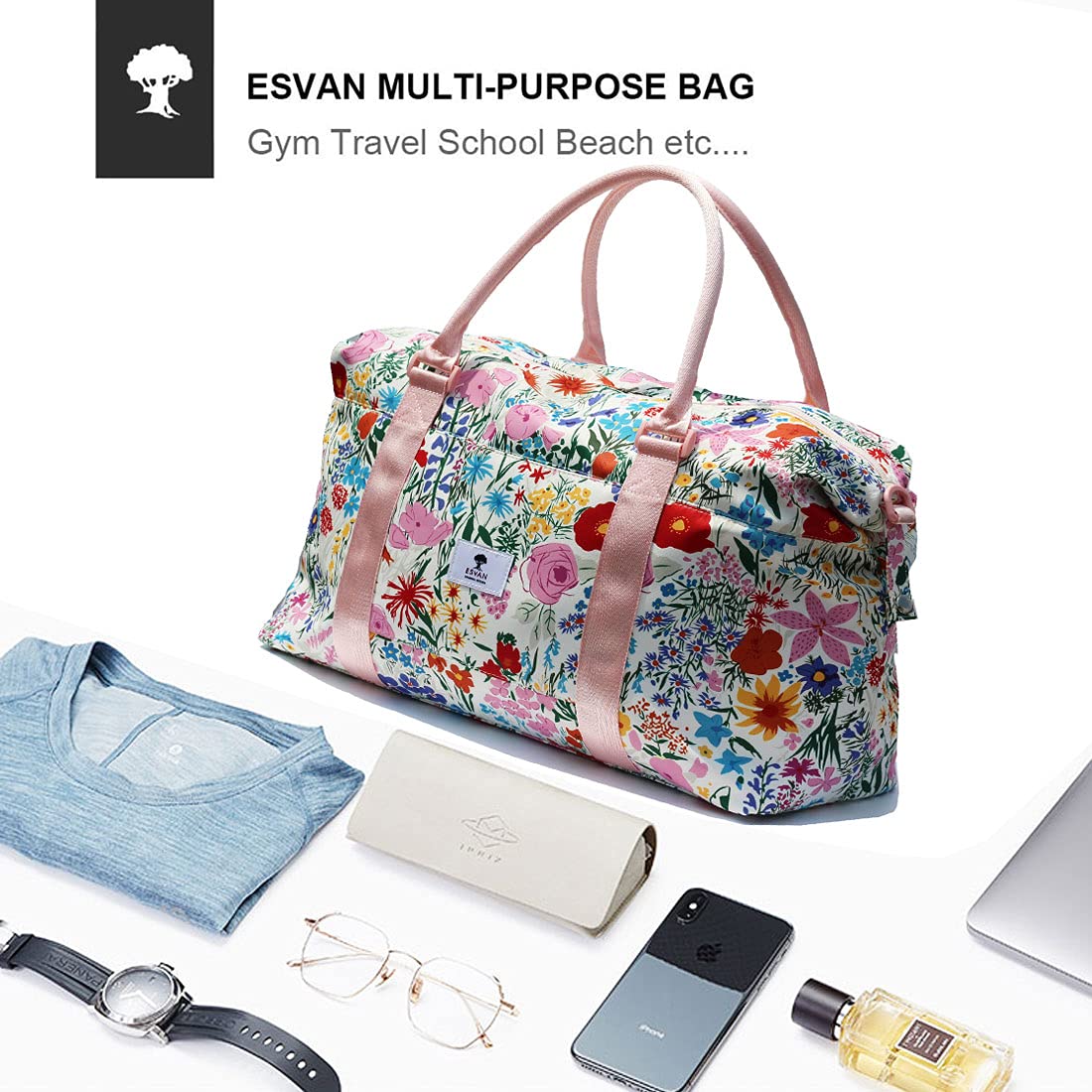 ESVAN Travel Tote Duffel Gym Bag - Waterproof Wet Pocket & Trolley Sleeve - Perfect for Weekend Getaways, Gym Workouts & Airplane Carry-On Luggage