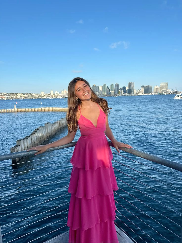 Elegant Hot Pink A-Line Long Prom Dress with Layers - Perfect for Homecoming, Formal Dances & Special Occasions | Style J4057