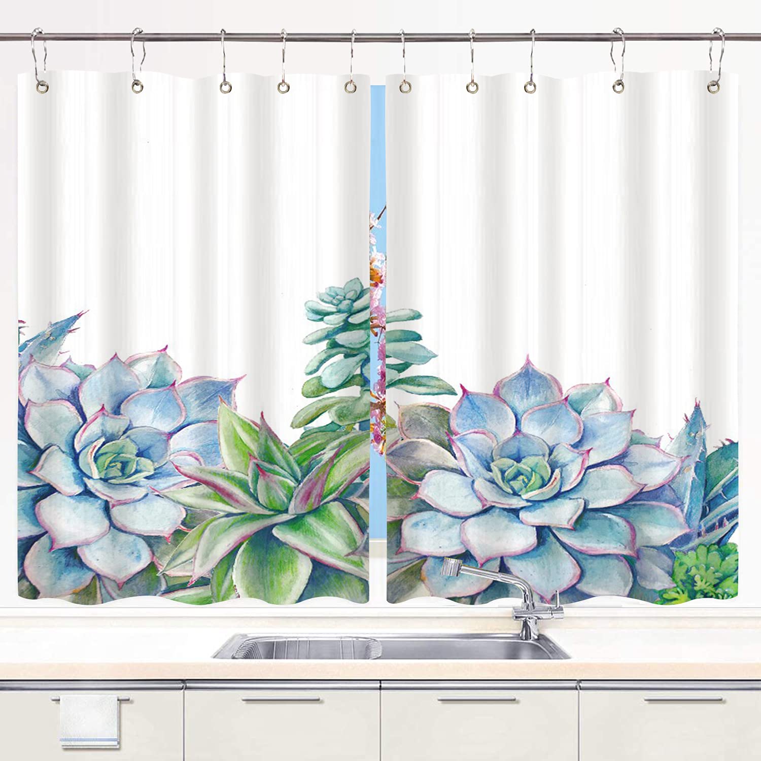 Watercolor Succulents Green Plant Kitchen Curtains - 2 Panel Set (55