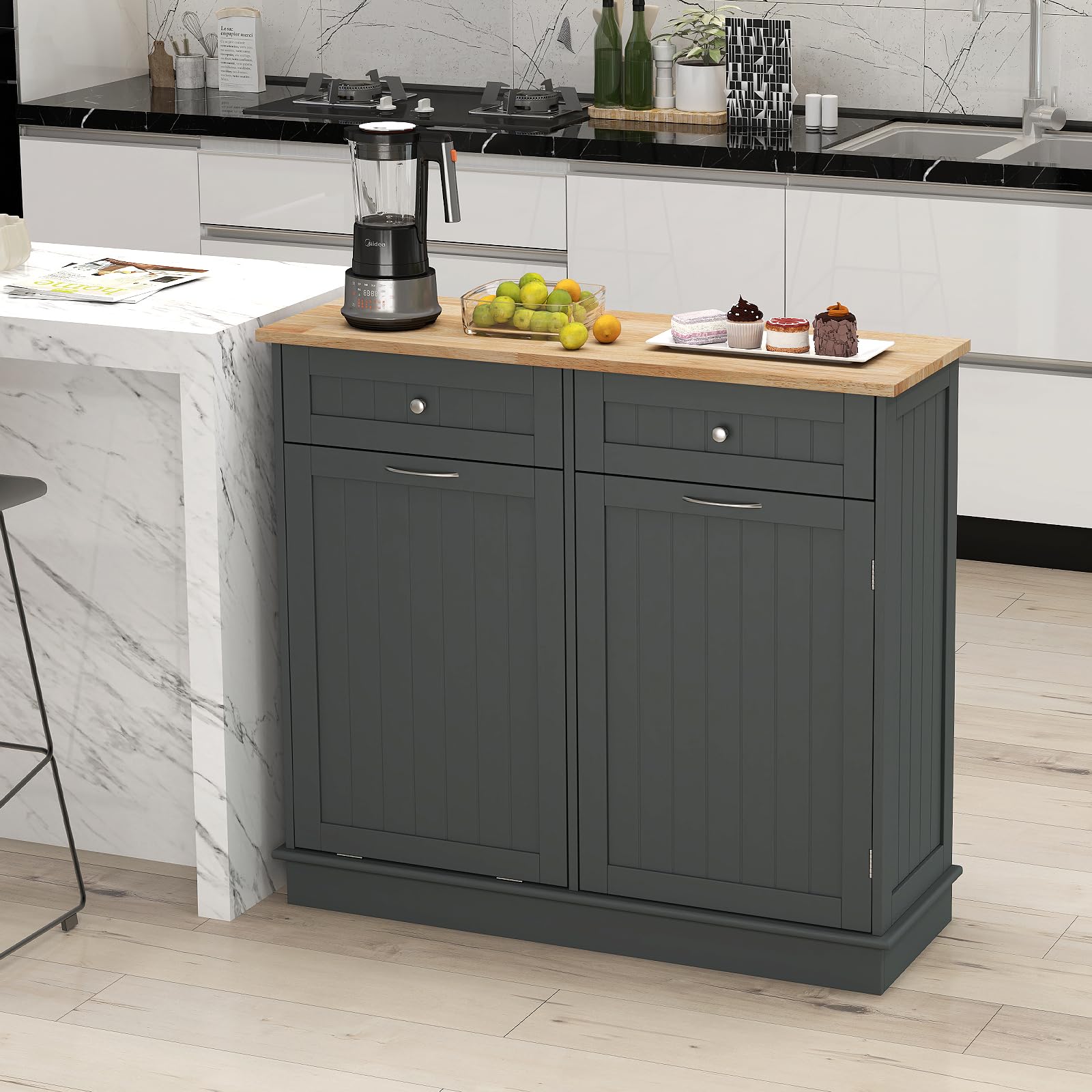 Freestanding Tilt-Out Trash Cabinet with 2 Drawers & Adjustable Shelf - Rubber Wood Countertop Kitchen Island Organizer, Laundry Hamper & Pet-Proof Recycling Bin Holder (Gray) | Perfect for Small Kitchens, Laundry Rooms & Pet-Friendly Homes