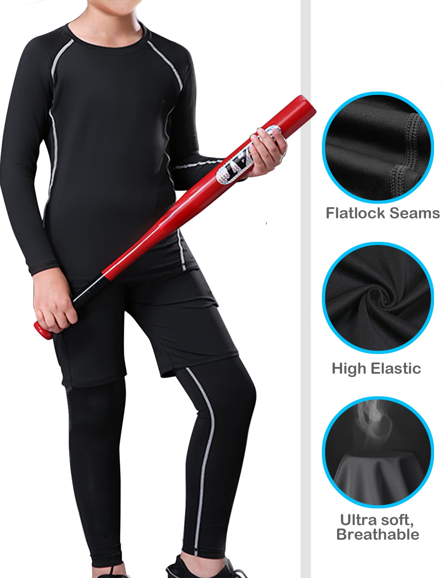 4 Pack Boys' Compression Pants - Youth Athletic Base Layer Leggings for Football, Running & Training - Moisture-Wicking Performance Tights for Sports & Active Play