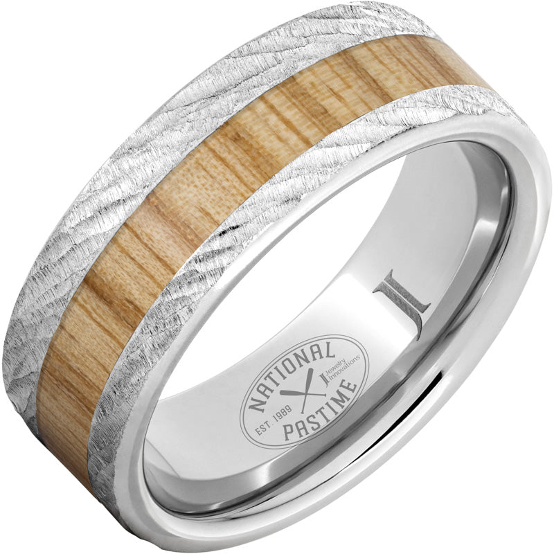 Vintage Baseball Bat Wood Inlay Ring - National Pastime Collection™ Serinium® Band with White Ash & Bark Finish - Perfect for Baseball Fans, Sports Enthusiasts and Unique Gift Occasions