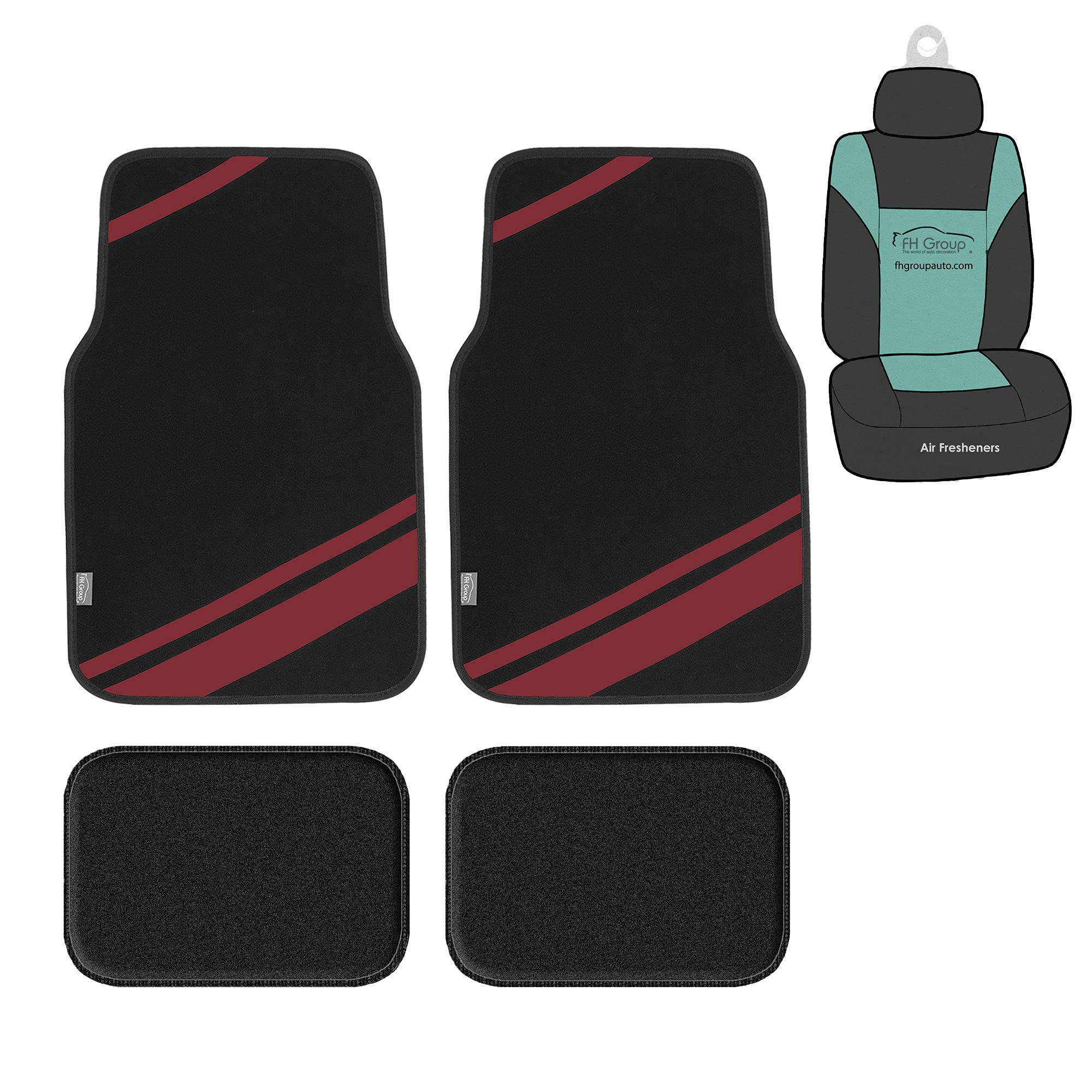 Premium FH Group Automotive Floor Mats - Universal Fit for Sedan, SUV & Truck | All-Purpose Faux Leather & Carpet Combo in Burgundy Stripe Design | Car Seat Protector Mats for Everyday Use, Road Trips & Off-Road Adventures