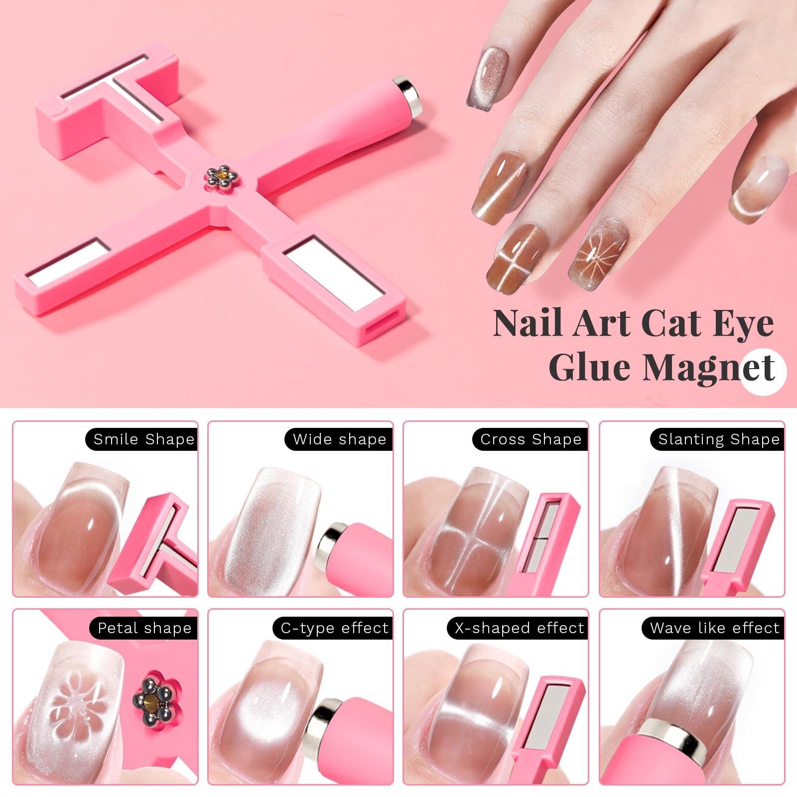 5-in-1 Magnetic Nail Art Tool Set with Silicone Protective Case - Cat Eye Nail Polish Magnet Wand for Gel Nails (Pink) - Perfect for Salon Professionals & DIY Nail Art at Home