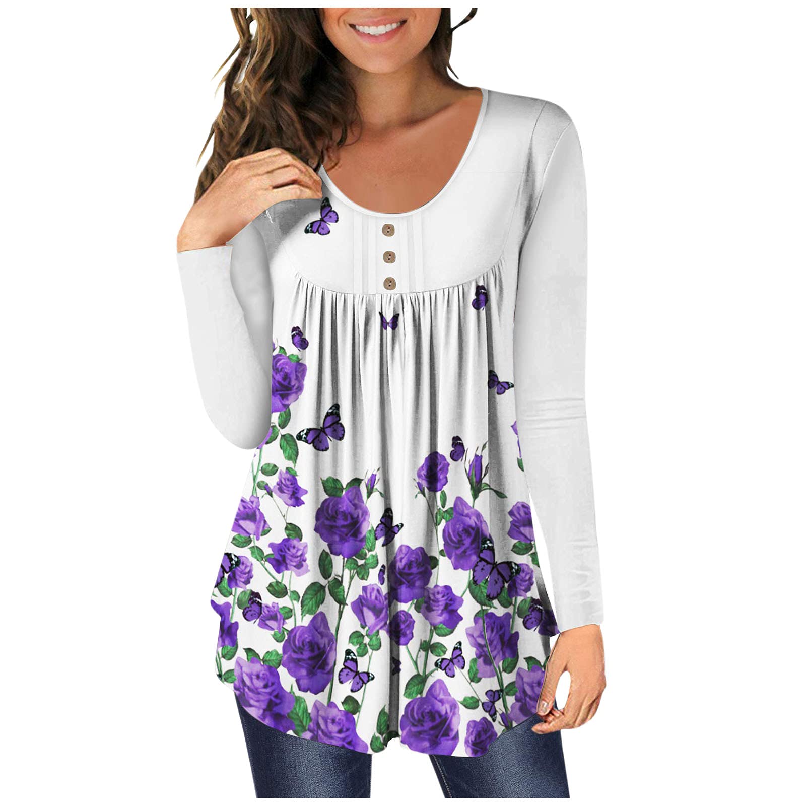 Women's Long Sleeve Tunic Blouse - Henley Neck Casual Button Down Shirt with Pleated Flare & Ruffle Details | Perfect for Office Wear, Date Nights & Fall Layering