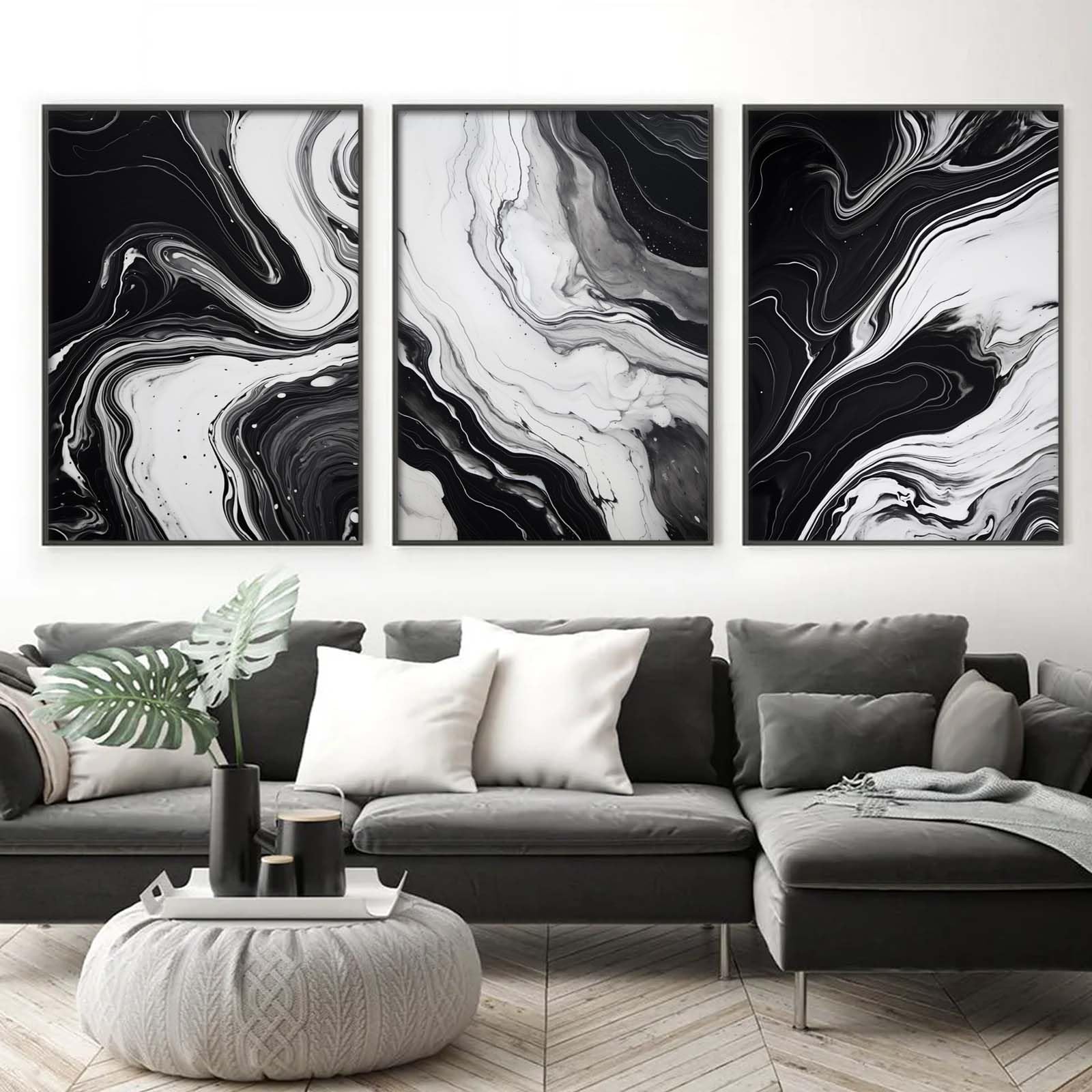 Abstract Black White Gray Marble Canvas Wall Art Set of 3 - 16x24 Inch Modern Painting for Living Room & Bedroom Decor - Frameless Marble Poster for Contemporary Home & Office Interior Design