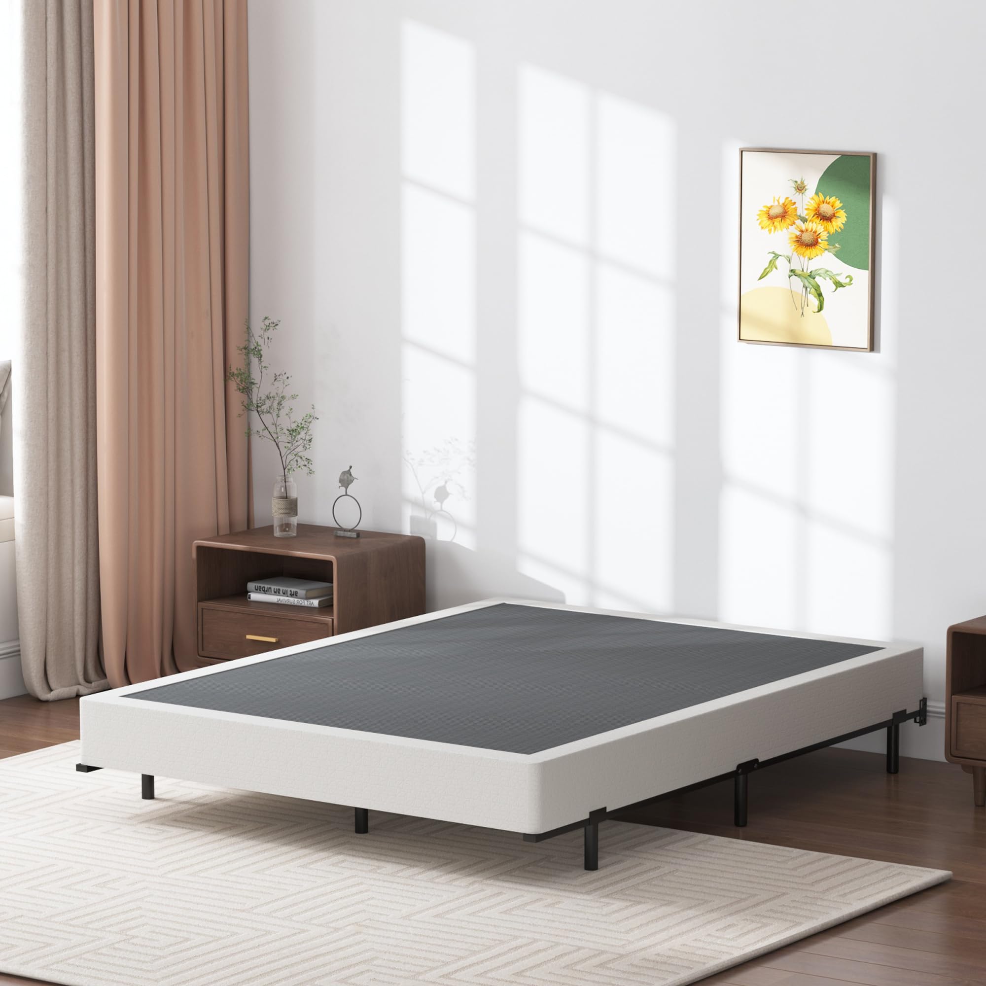 7 Inch Low Profile Queen Box Spring - Heavy Duty 3000 lbs Support, Black Metal Mattress Foundation with Washable Fabric Cover - Easy Assembly for Bedroom, Guest Room or Dorm