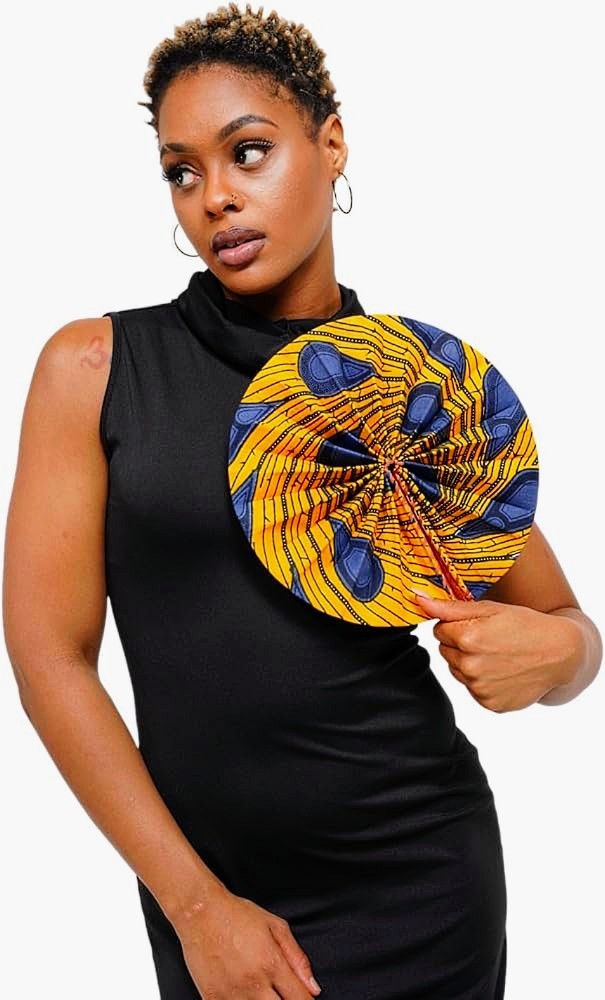 Dupsie's Khanita Foldable African Print Ankara Fan - Orange & Blue Peacock Pattern (DPPF3816) | Handheld Cooling Fan for Outdoor Events, Weddings & Cultural Celebrations