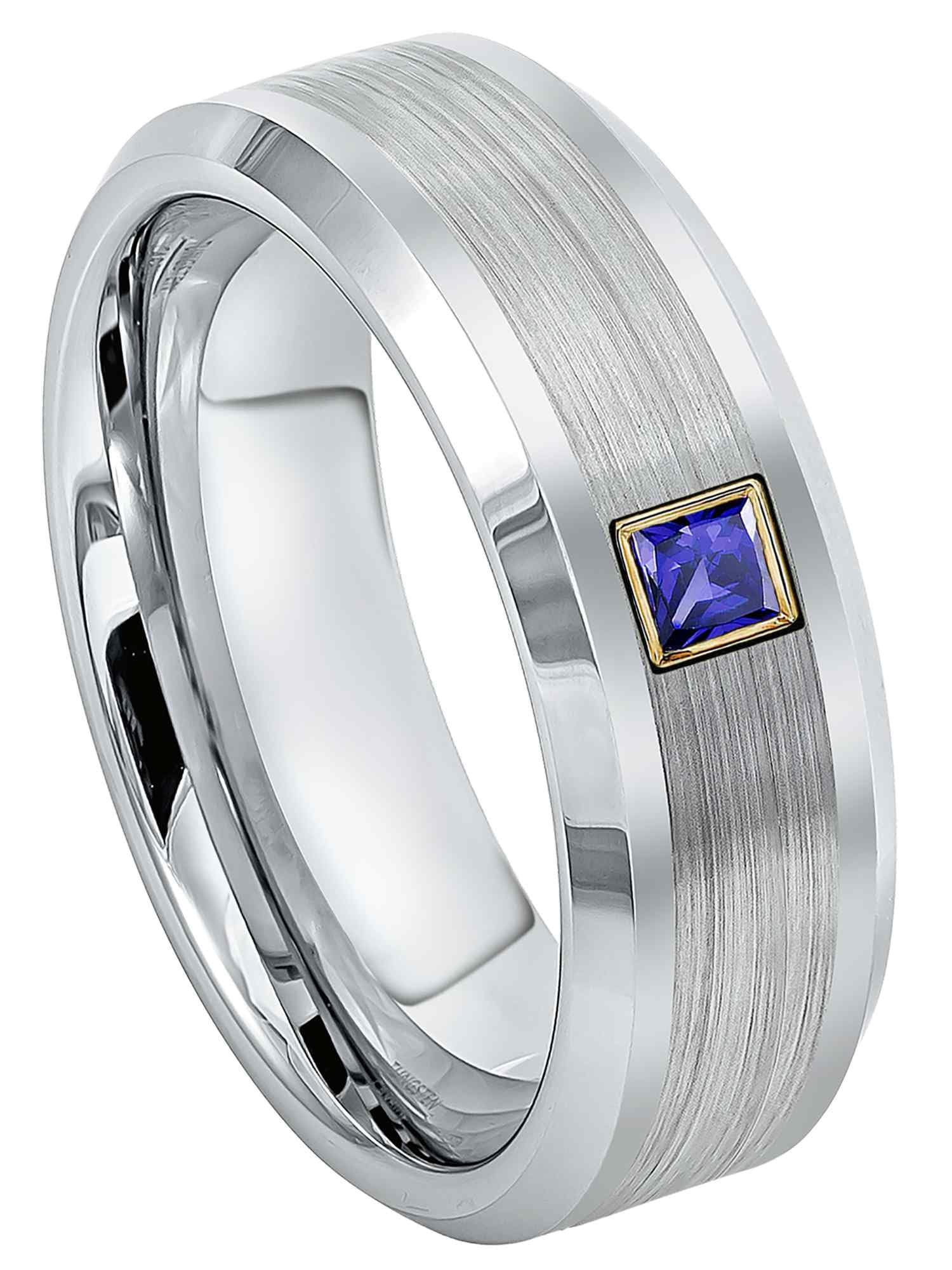 Men's Cobalt Wedding Band with 0.05-0.10ctw Princess Cut Blue Sapphire - Brushed Center & Shiny Beveled Edge Comfort Fit Ring for Anniversary, Engagement & Everyday Wear