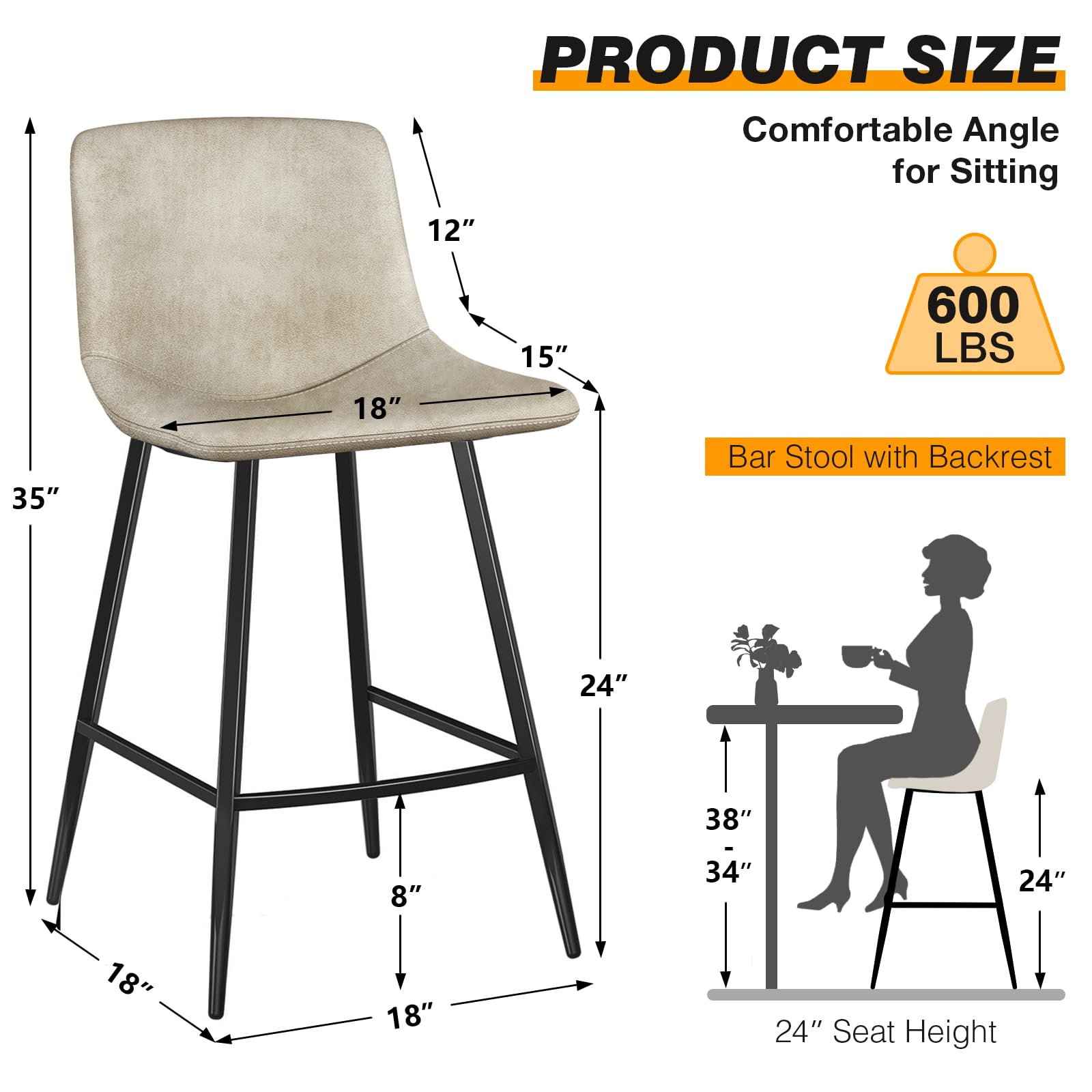 5Rcom Set of 3 600 lbs Capacity Counter Height Bar Stools - 24 Inch Leatherette Bar Stools with Back Support & Sturdy Metal Legs - Perfect for Kitchen Island, Dining Room, Party Room & Restaurant (Beige) | Modern Seating Solution for Home Bars, Breakfast Nooks & Commercial Spaces