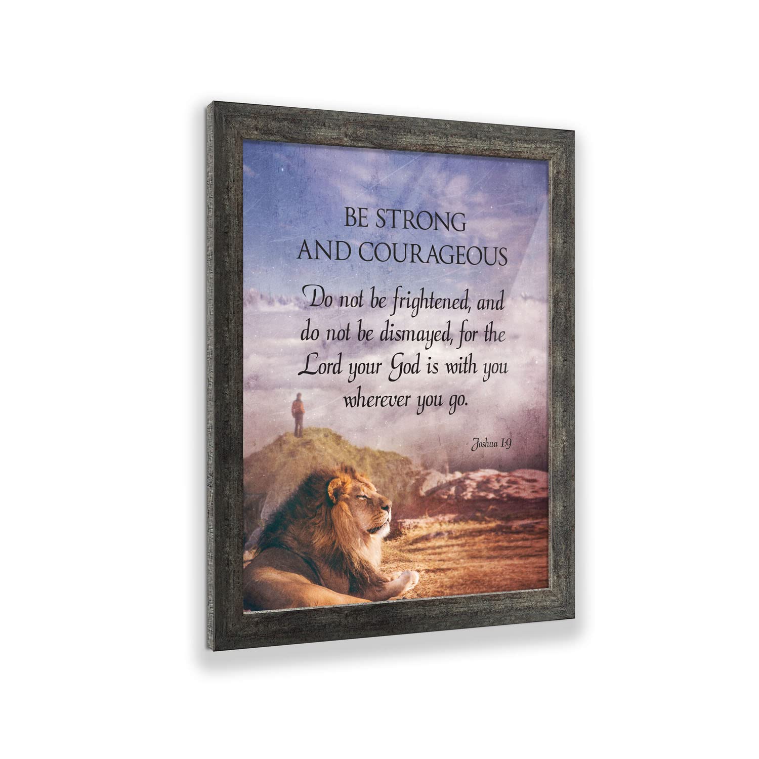 Be Strong and Courageous Lion Picture Frame - Inspirational Christian Wall Art with Joshua 1:9 Bible Verse - Perfect for Home, Office & Church Decor - 2108BW