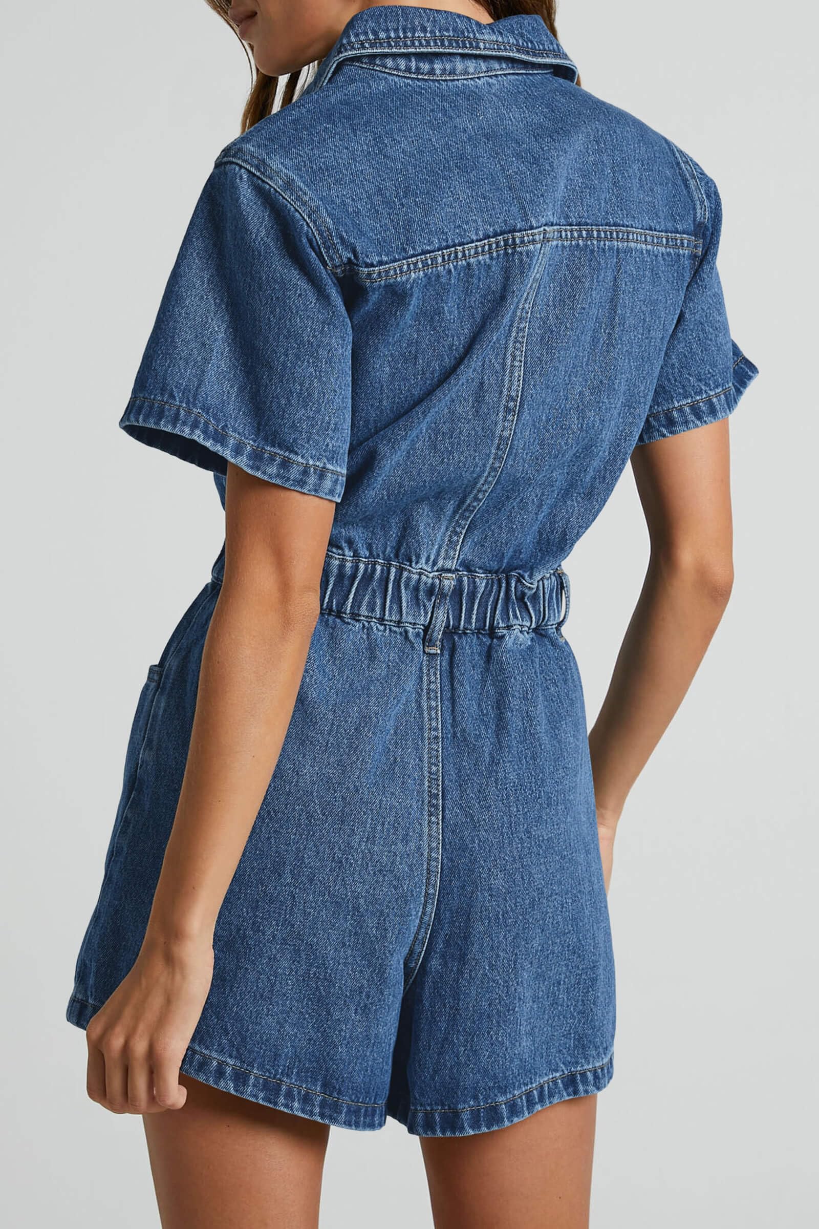 PLNOTME Women's Summer Denim Romper - Short Sleeve Zip Up Jumpsuit with Utility Pockets | Casual Outfit for Beach, Vacation & Outdoor Activities