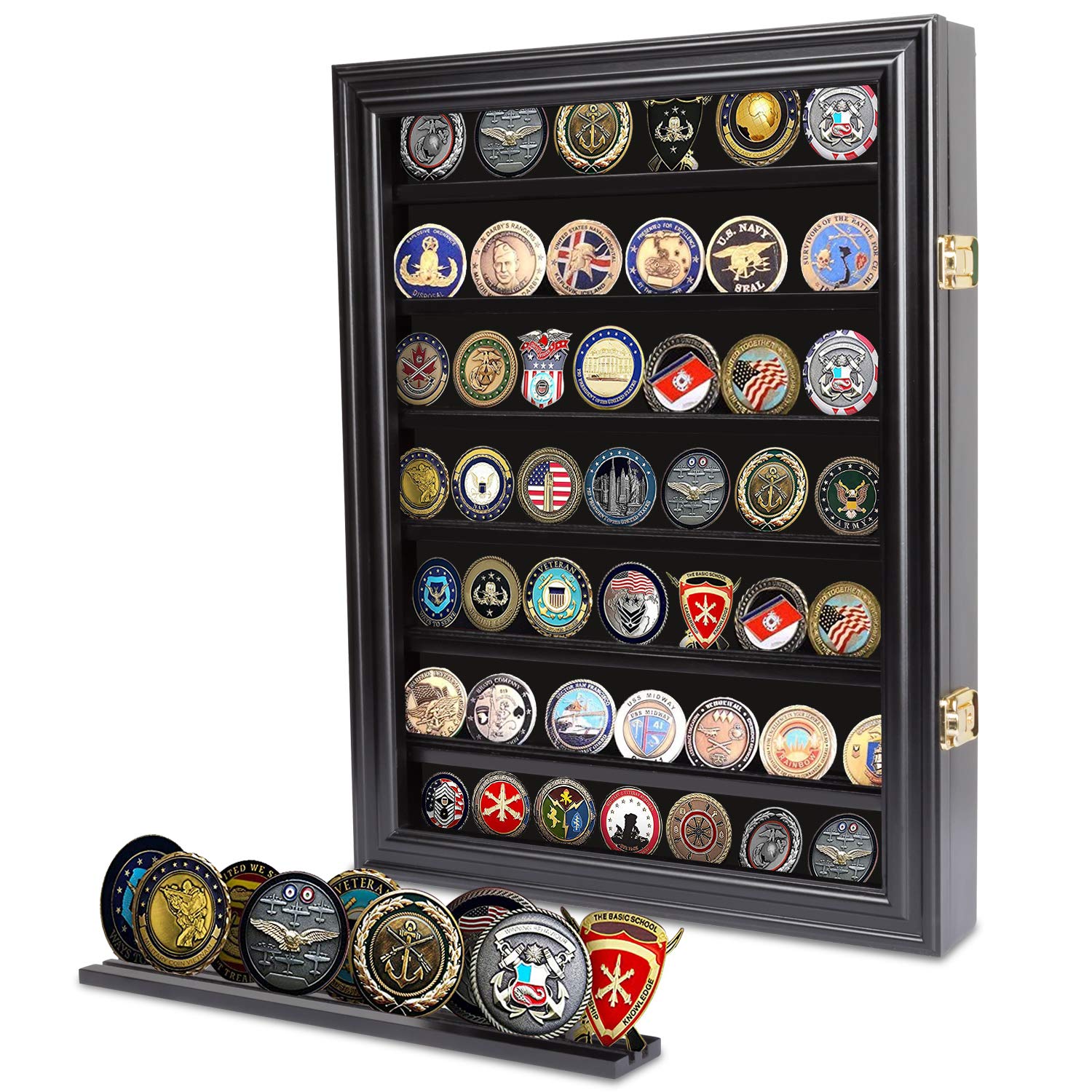 Kinsuite Military Challenge Coin Display Case - Lockable Shadow Box Cabinet with Stand for Collectible Coins | Perfect for Home, Office, or Gift Display