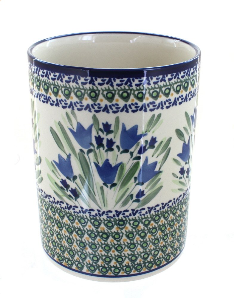 Blue Rose Polish Pottery Blue Tulip Utensil Jar - Handmade Ceramic Kitchen Storage Canister for Spoons, Forks & Cooking Tools - Perfect for Farmhouse, Rustic & Vintage Style Decor