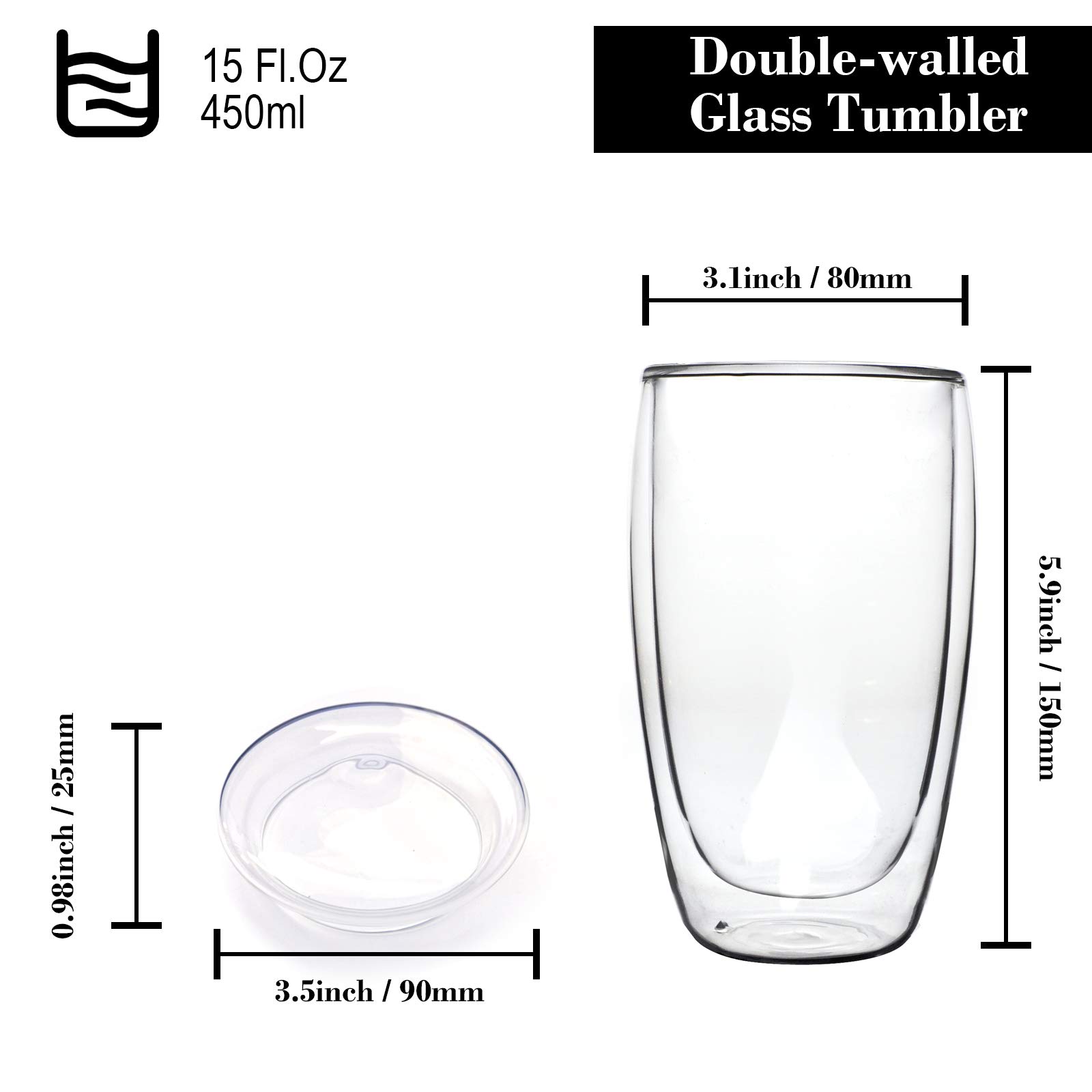 Premium Double-Walled Borosilicate Glass Coffee Mug - 15oz Insulated Cup for Hot & Iced Drinks - Perfect for Coffee, Tea, Milk - Ideal for Home, Office & Outdoor Use