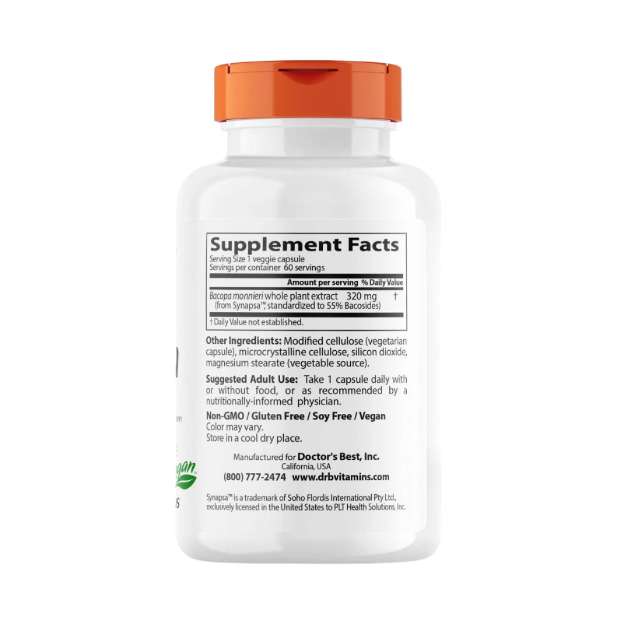 Doctor's Best Bacopa with Synapsa 320mg - 60 Vegetarian Capsules for Memory & Focus Support - Brain Supplement for Studying, Work & Mental Clarity