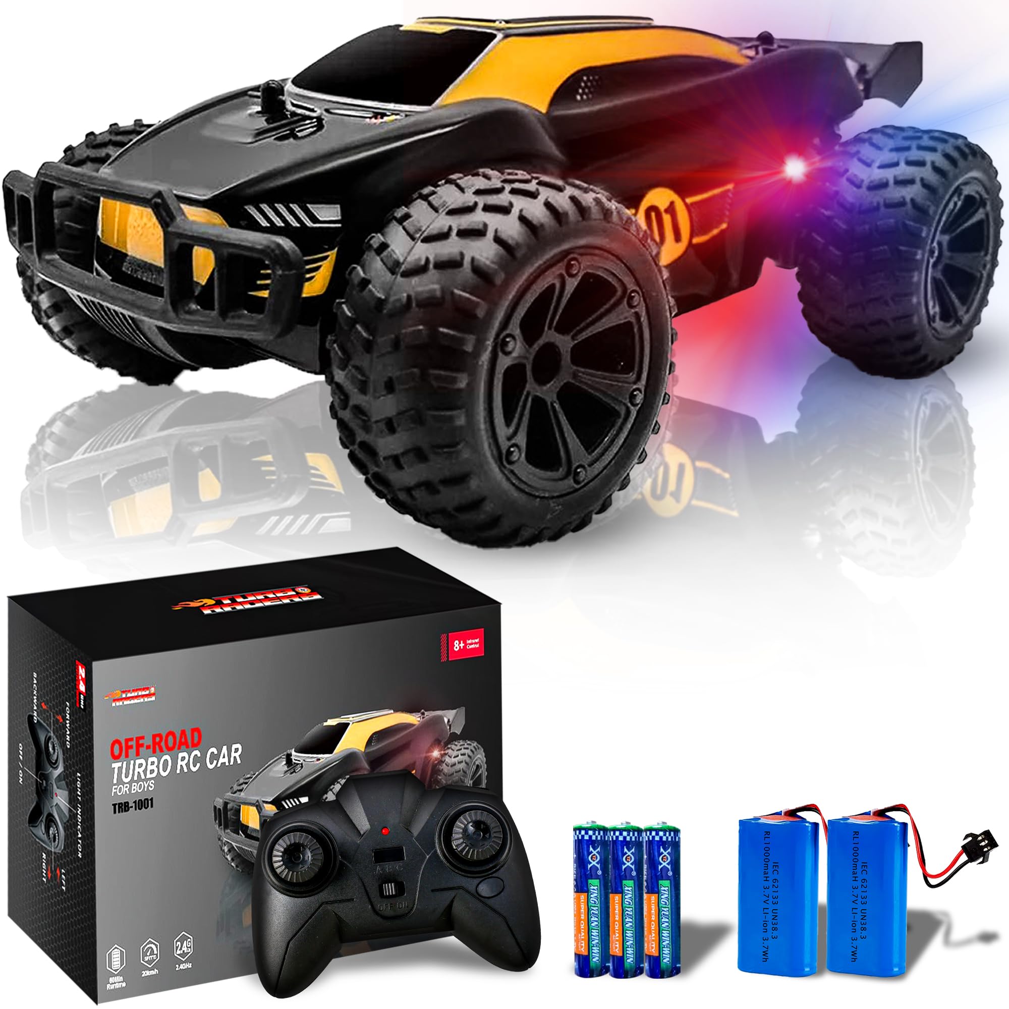 1:20 Scale Offroad Remote Control Car for Boys - High Speed 20km/h RC Truck with LED Lights, 2x 1000mAh Rechargeable Batteries - All Terrain 4WD Toy Car Gift for Kids & Teens | Outdoor Play, Backyard Racing, Birthday Present